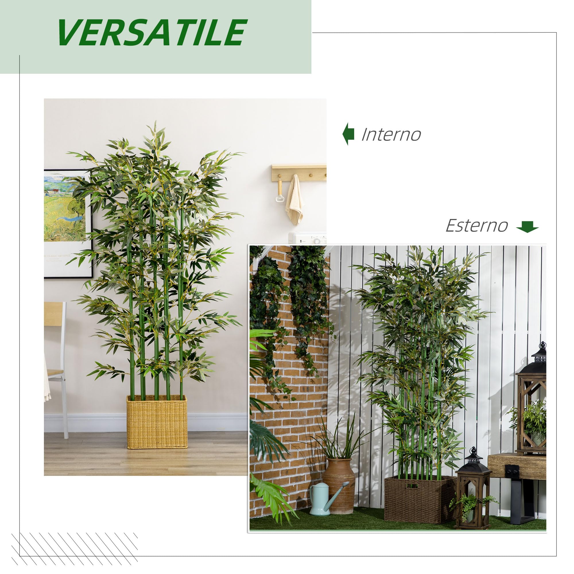 HOMCOM Pianta di Bambù Artificiale Alta 180 cm da 1640 Foglie, Pianta Finta da Interno con Vaso in Legno di Pino, per Esterno, Giardino, Casa, 35x10x10 cm, Verde