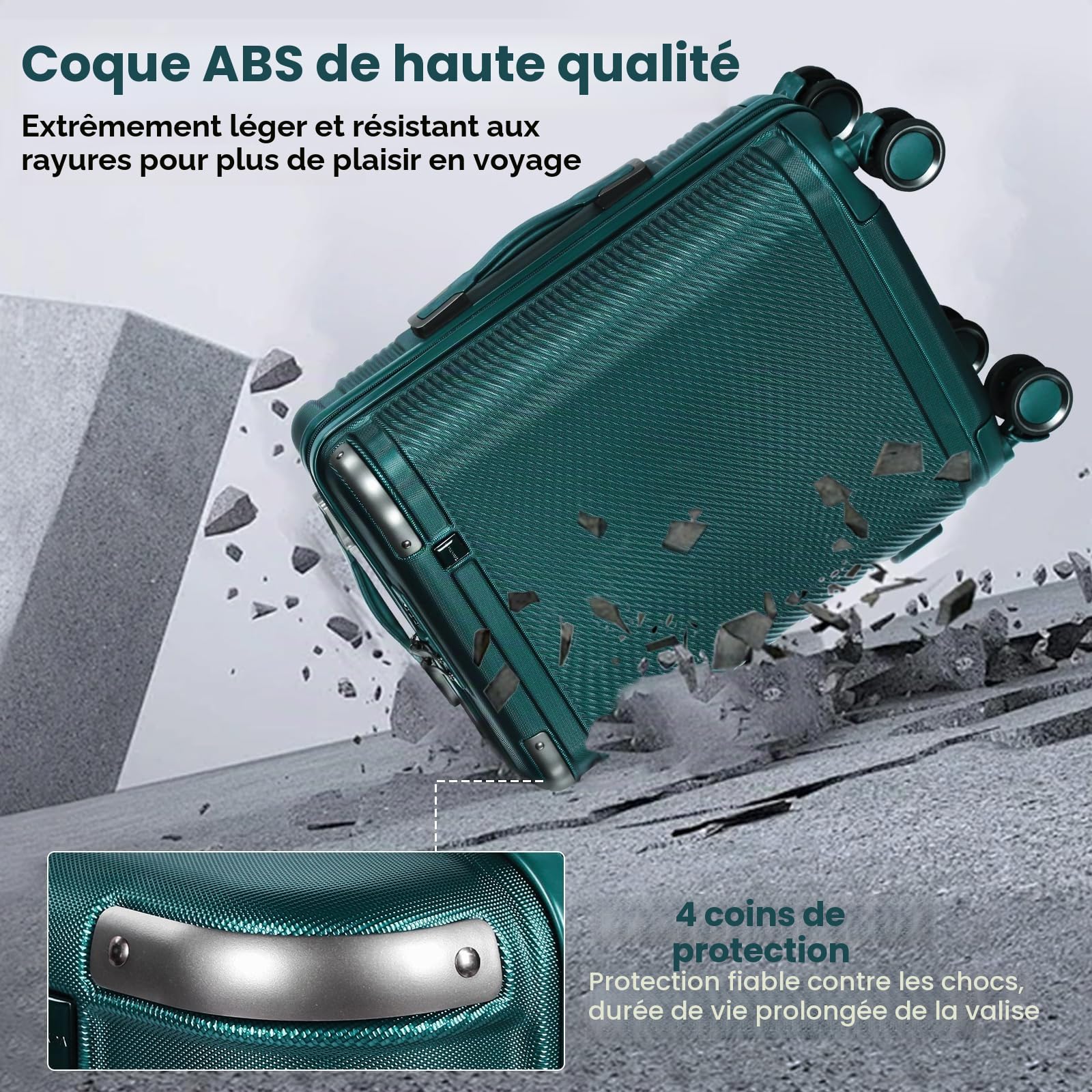 Ensemble de 3 valises rigides avec Serrure TSA, poignée télescopique, pour Femmes et Hommes, Vert