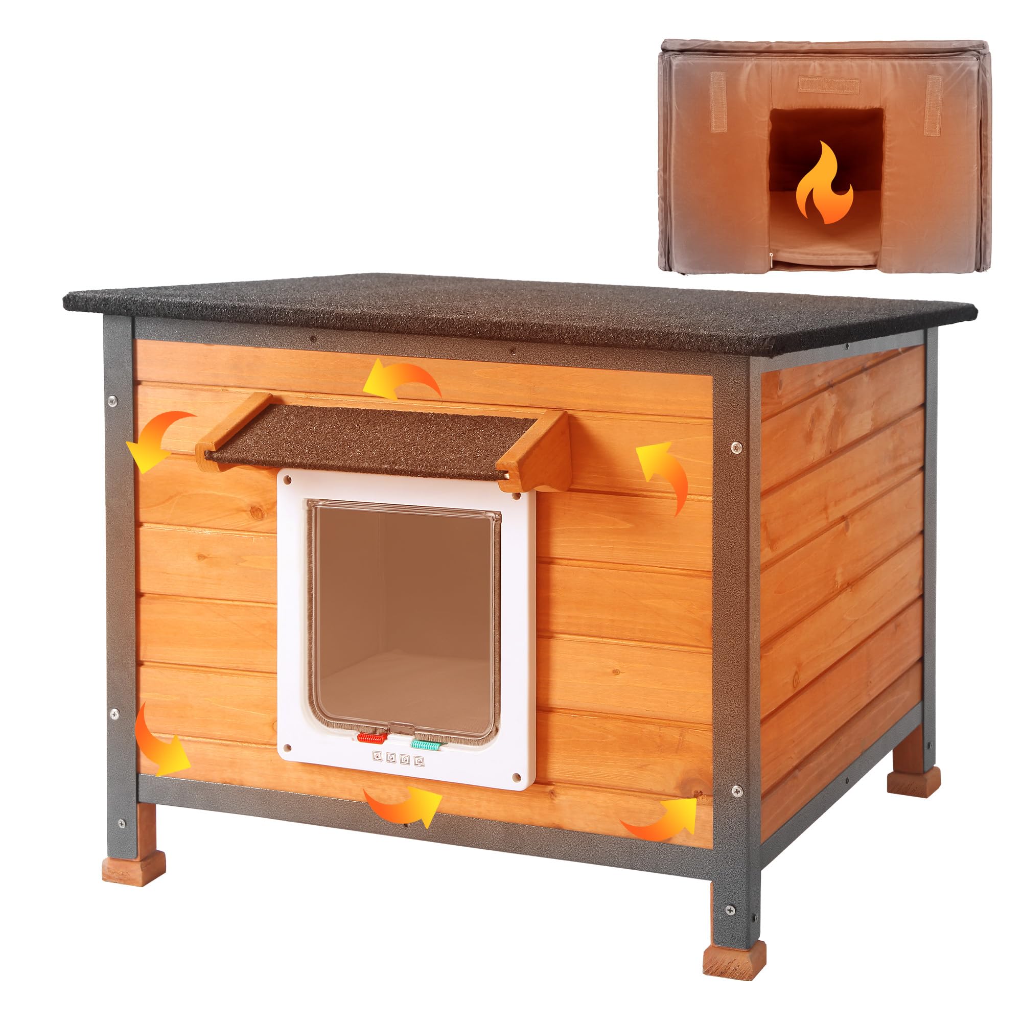 Classics Wooden Outdoor & Indoor Cat House,Waterproof Asphalt Roofs and Metal Frames Cat Cave with Moisture Proof Elevated Base Animal Shelter (Brown-Insulated)