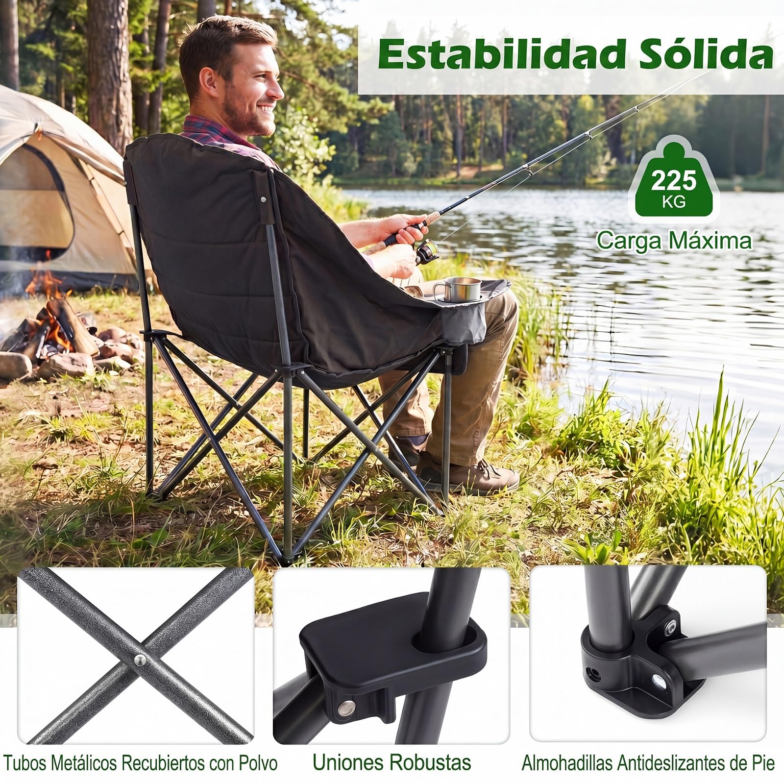 COSTWAY Silla de Camping Extragrande y Acholchada, Silla Plegable Portátil con Bolsillos Laterales, Portavasos, Bolsa de Transporte, Playa Pesca, Carga 225 kg,72 x 104 x 93 cm (Gris)