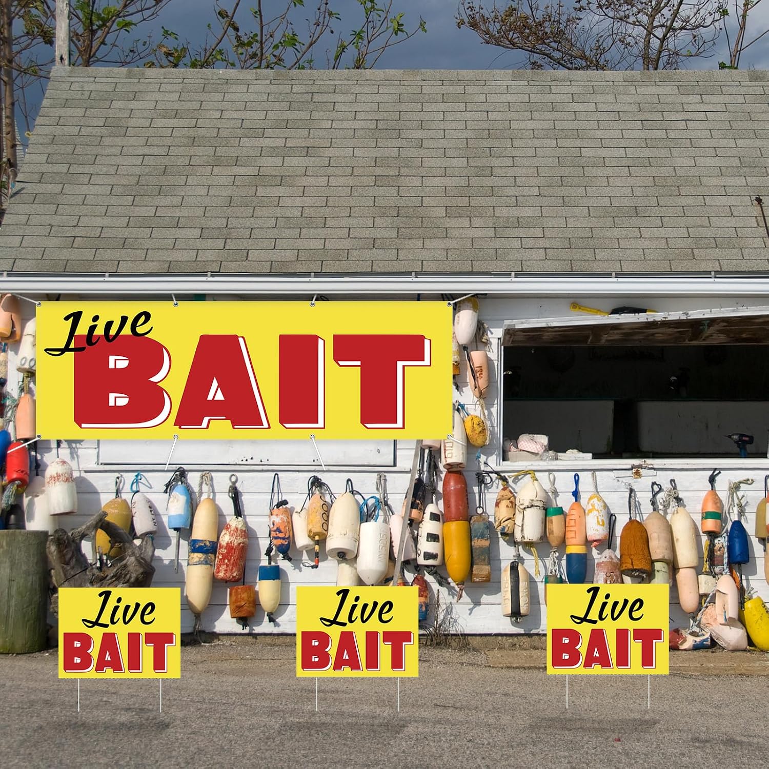 Novabright 4 Pcs Live Bait Banner Sign Kit Include 2x6 Feet Live Bait Banner 3 Pcs Yard Signs Double Sided with Ground Stakes for Business Fishing Gear Stores Docks Stand Yard Lawn Decor