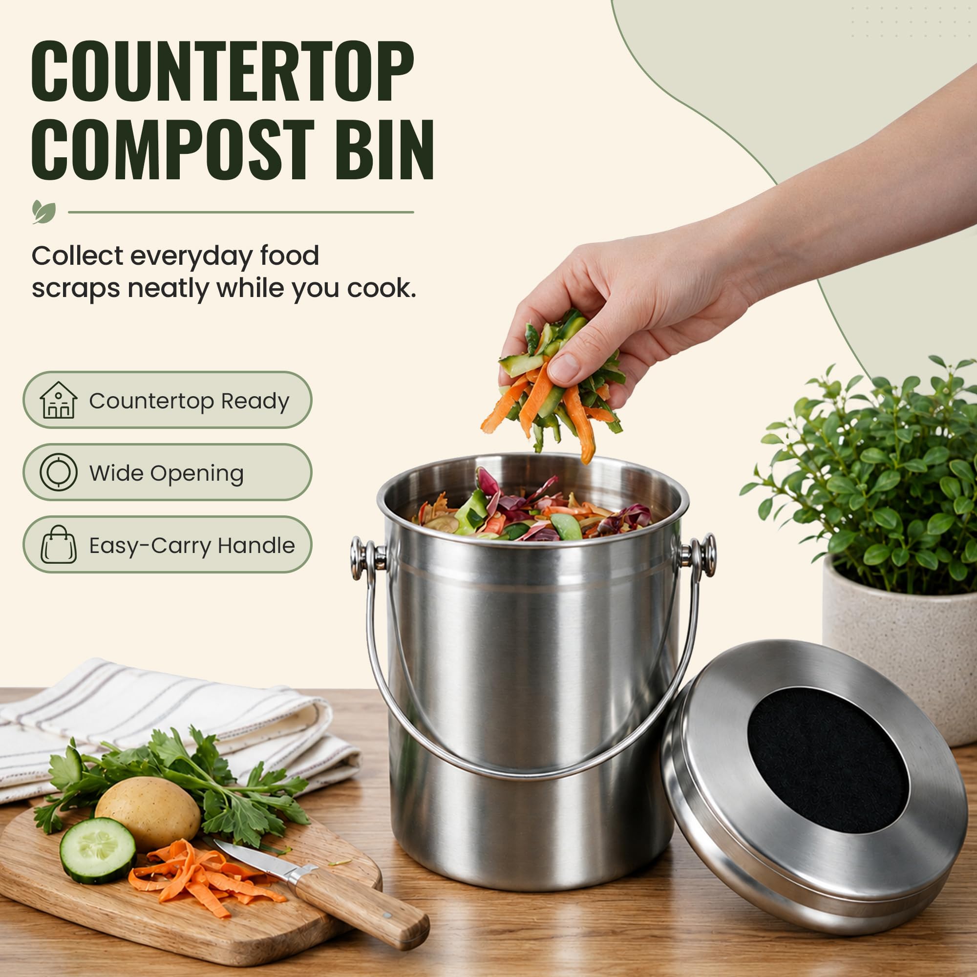 Epica, Secchio per compost da banco da cucina, 5 litri, inodore, con filtri a carbone, da interno, con coperchio, compostiera in acciaio inox per avanzi di cibo e riciclaggio dei rifiuti