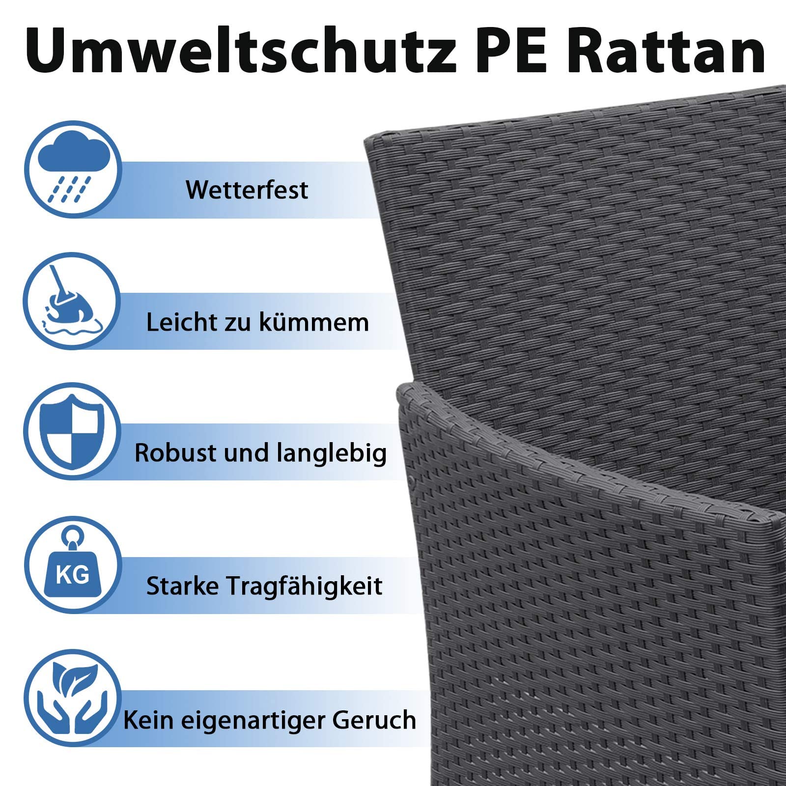 LZQ Gartenmöbel Balkonmöbel-Set Rattan Lounge Polyrattan Tisch MitSofa und 2 Stühlen für Terrasse,Balkon,Garten,Anthrazit