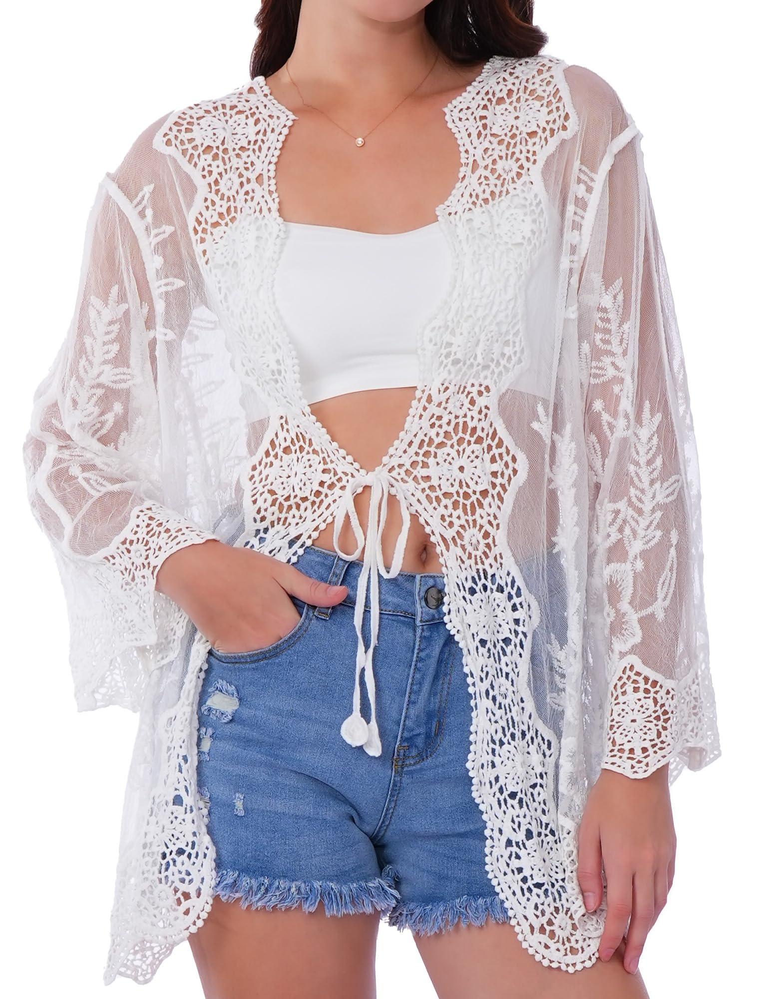 Maeau Kimono en dentelle et maille pour femme - Manches longues - Transparente - Cache-maillot d'été à nouer sur le devant - Cardigan de plage bohème - Taille unique