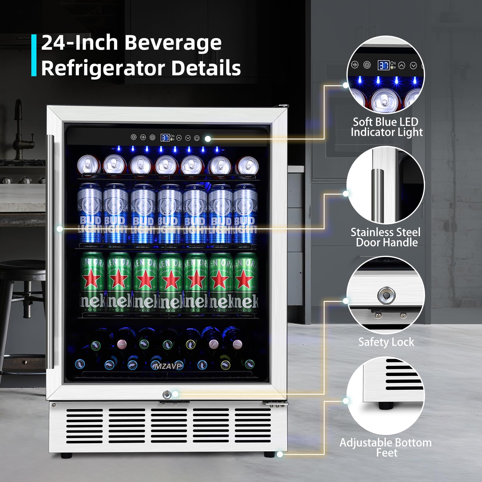Mzavp 24 Inch Beverage Refrigerator, 180 Cans Built-In Beverage Cooler With Glass Door, Under Counter Or Freestanding Drink Fridge With LED Light & Adjustable Shelves For Home Bar Office - Silver on Fridge.com - View 5
