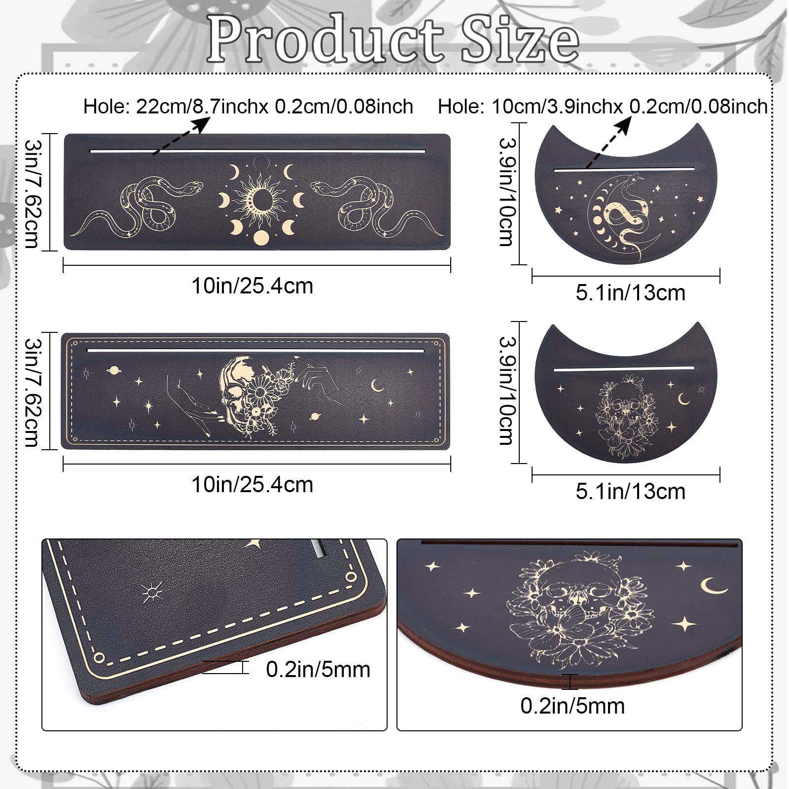 GORGECRAFT 4 Pieces Wooden Tarot Card Stand Holder Moon Phase Snake Skull with Flowers Pattern Tarot Card Black Altar Stand Rectangle Moon Shape Tarot Card Display Holder for Witch Divination Tools