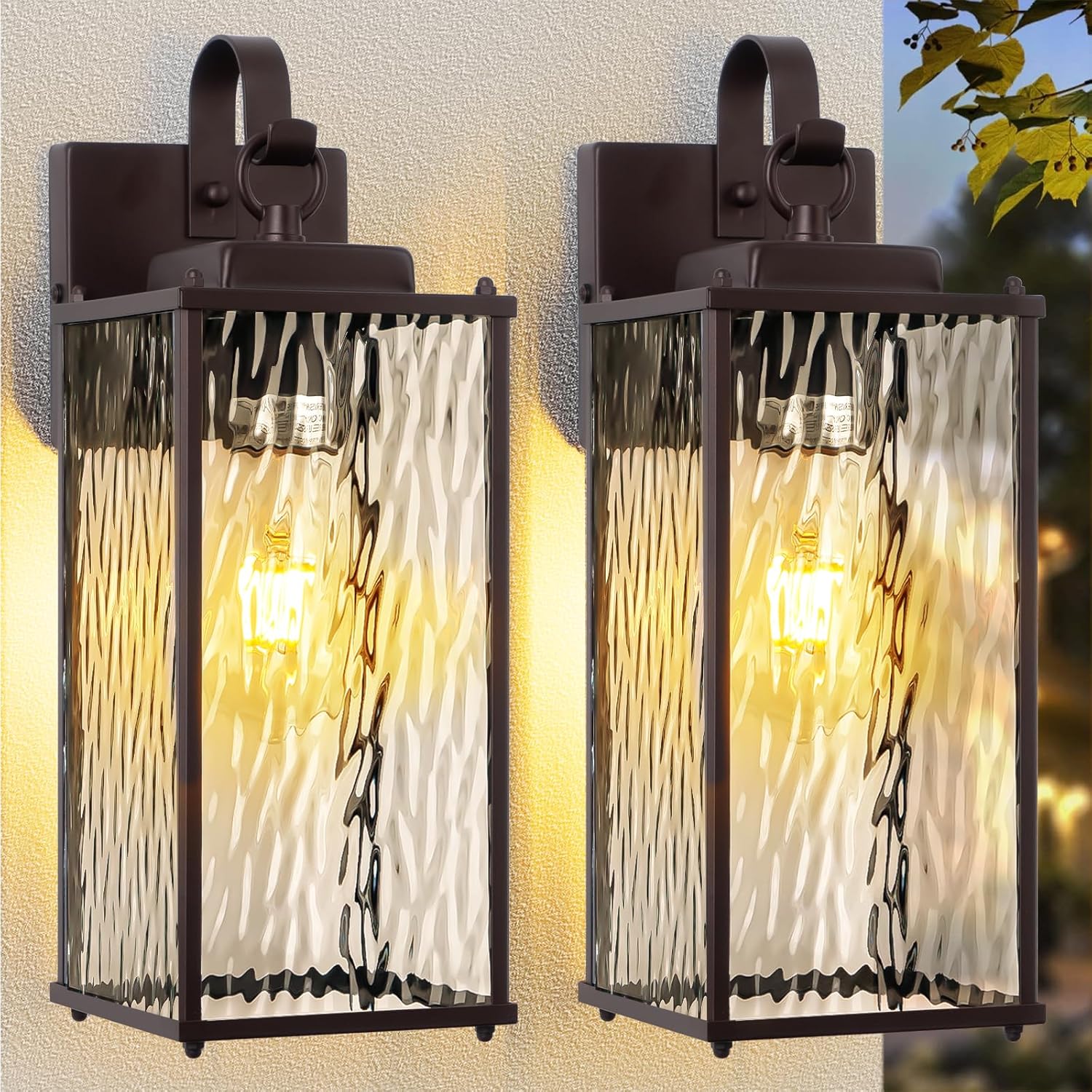 Oil Rubbed Bronze Outdoor Light Fixtures Water Ripple Glass 15” 2 Pack, Vintage Brown Exterior Lights for House IP65 Waterproof Outside Wall Sconce Lighting Coach Lights Patio Wall Lanterns Bronze / No Sensor 15 inch - 2pk