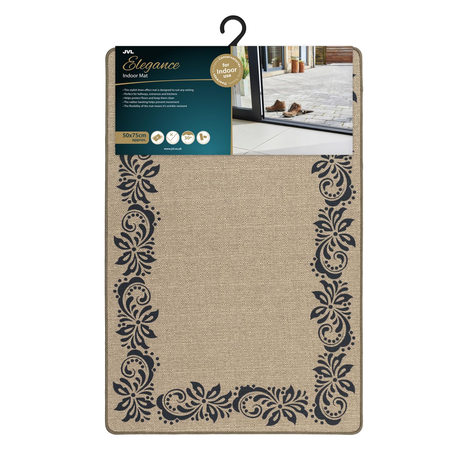 Rackhams Black Elegance Machine Washable Entrance Doormat, 50X75cm - Scroll Border