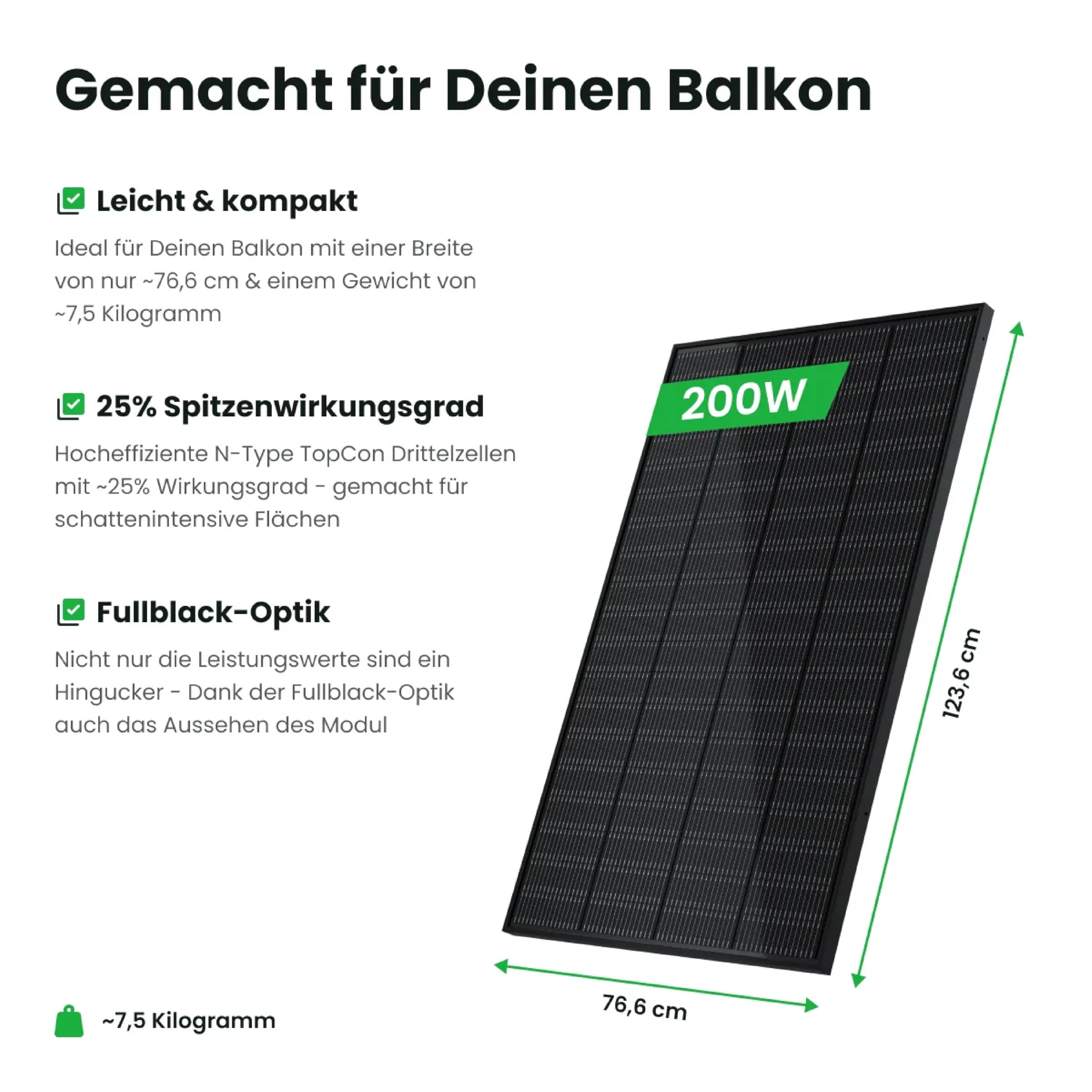 RAY 200W Full Black Solarmodul mit 1.5m MC4 Adapterkabel – Hochleistungs-Photovoltaikmodul für Balkonkraftwerk – N-Typ Monokristallin 25 % Effizienz – Plug & Play