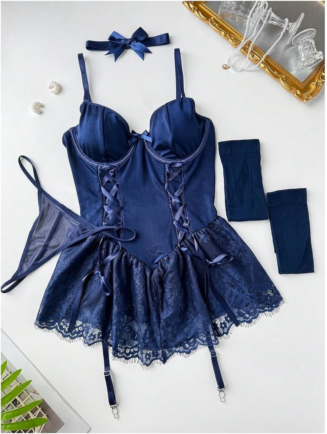 VUUEAN Women's Push-Up Underwire Corset Lingerie Set Lace-Up Tulle Skirt & Mesh Bodysuit Sexy