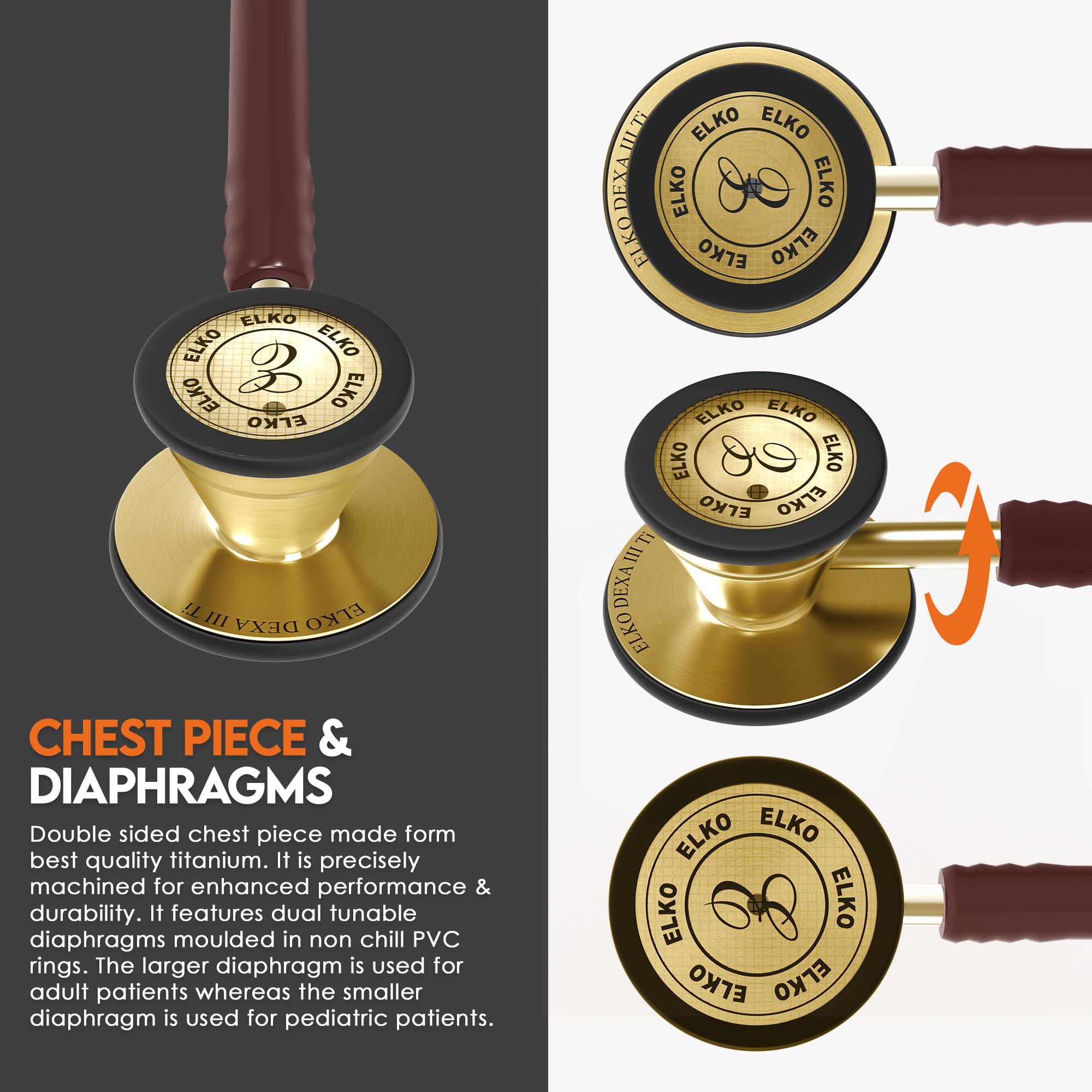 ELKO EL-250 DEXA III Ti Golden Edition Titanium dual head acoustic stethoscope | Adult & Pediatric Stethoscope with Double-sided Natural Titanium Chestpiece | Two-Way PVC Tubing | Doctors & Medical Students (Brown) - Image 5 thumbnail