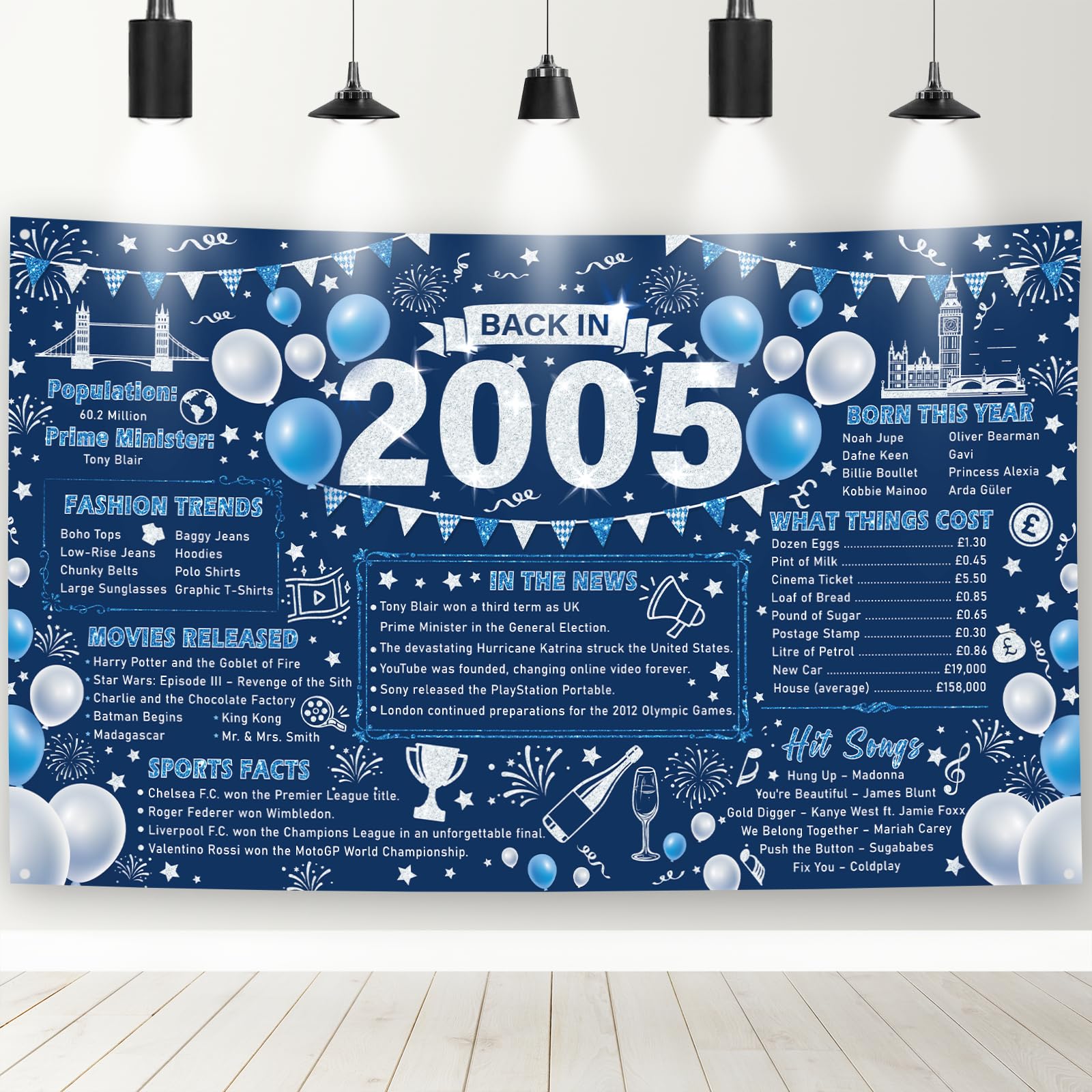 21st Birthday Decorations Banner - Back in 2005 Banners Backdrop for Him Her, 21 Years Old Celebration Blue Silver Birthday Poster Gift Party Supplies Photo Background