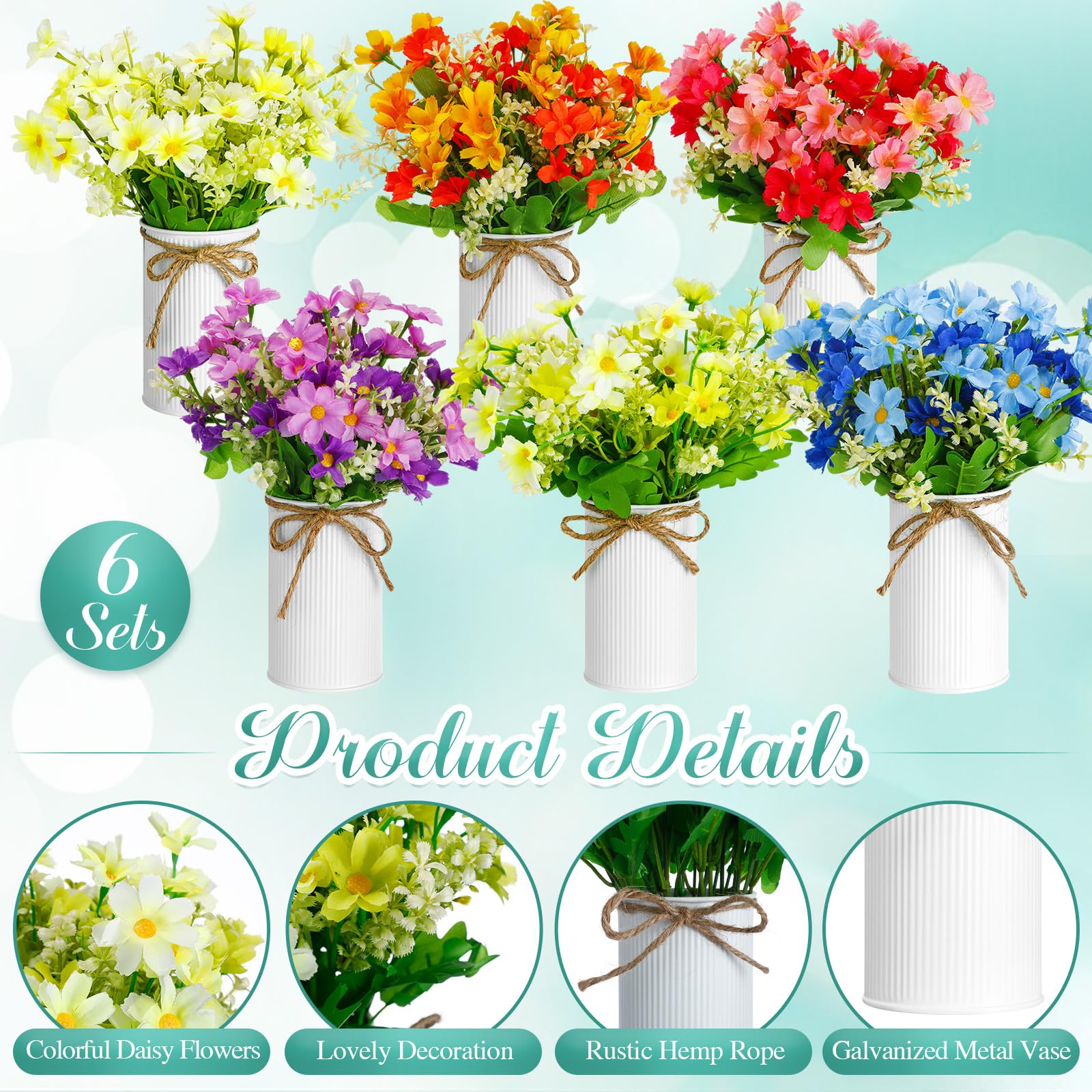 6 juegos de centros de mesa de margaritas de verano, flores silvestres artificiales coloridas con maceta de metal galvanizado, flores artificiales vintage de margaritas en maceta, decoración para 4