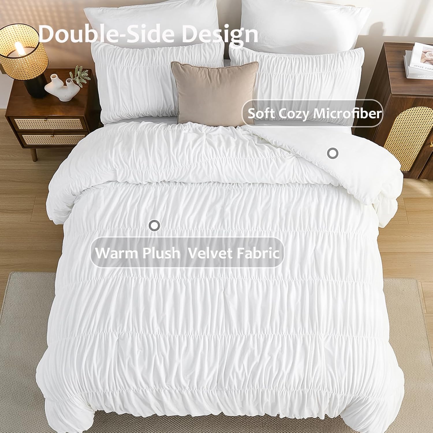 Bedbay Velvet Wrinkled Comforter Set Queen Size,White Ruched Bedding 3 Pcs,Aesthetic Boho Bedding Comforter,Luxury Velvet Ruffled Queen Bedding Sets,Shabby Chic Ruffle Fluffy Comforter Bed Set - Image 9