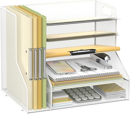 SUPEASY Organizador de escritorio con soporte para archivos, bandeja de papel de malla de 5 niveles con soporte para revistas, organizador de