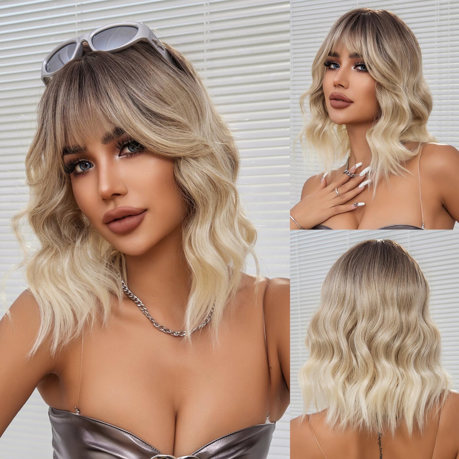 Ombre Blonde Perücken für Frauen Kurz Gewellt Perücke mit Pony Natürliches Synthetisches Haar Hitzebeständig Perücken für Tägliche Party Cosplay Tragen