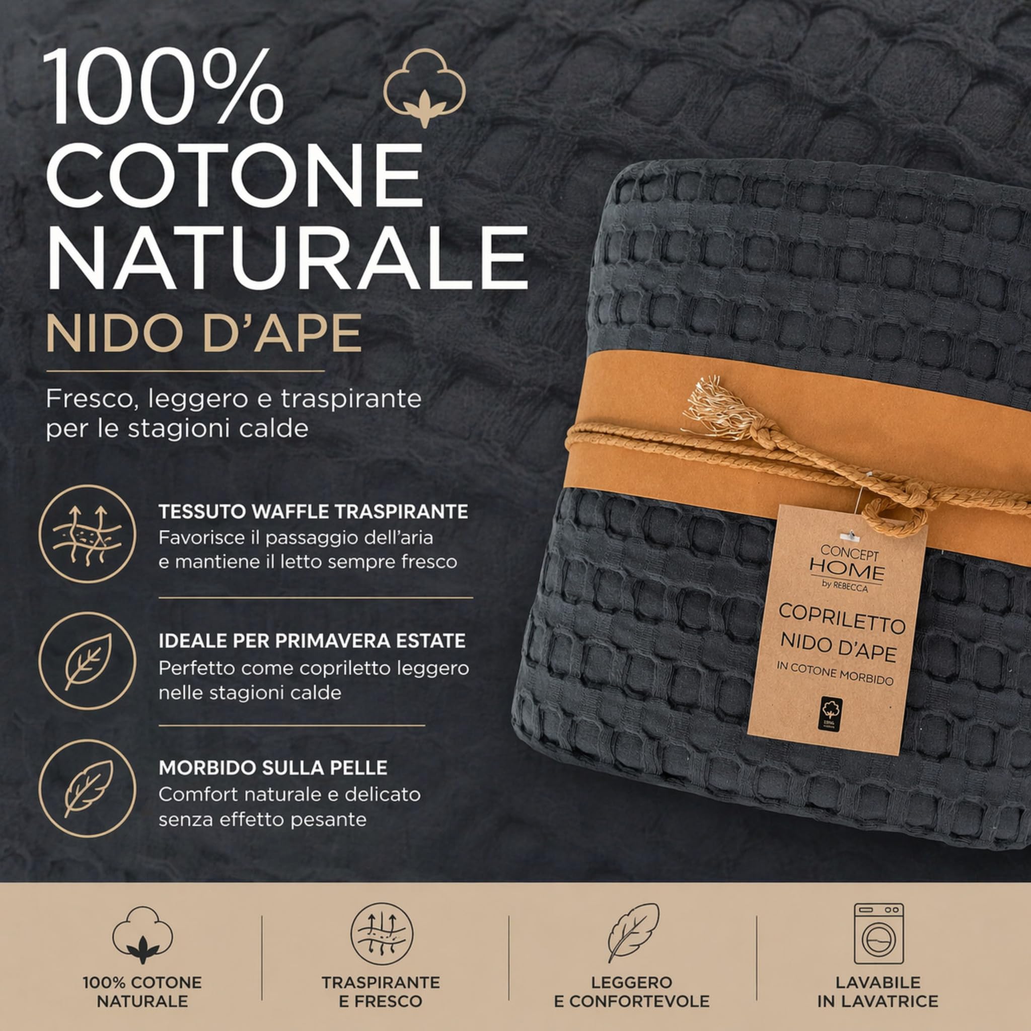 Copriletto Matrimoniale Estivo 260x260 cm in 100% Cotone Nido d’Ape – Copriletto Leggero Traspirante Non Trapuntato – Telo Arredo Letto Matrimoniale Rebecca Home Bifulco (Antracite)