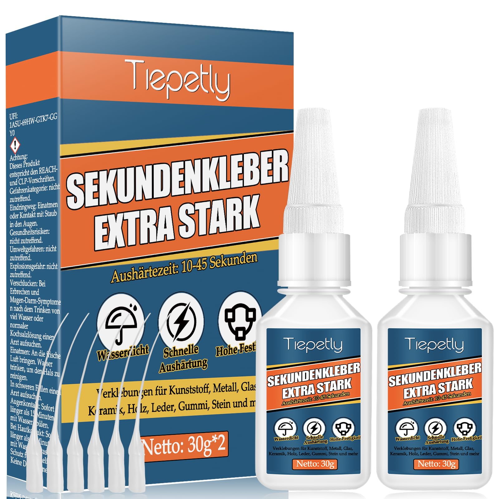 60g Sekundenkleber Extra Stark, Wasserfest Superkleber mit Antiverstopfungskappe, Alleskleber, für Kunststoff, Metall, Glas, Holz, Keramik und Heimwerkerbedarf (60 g)