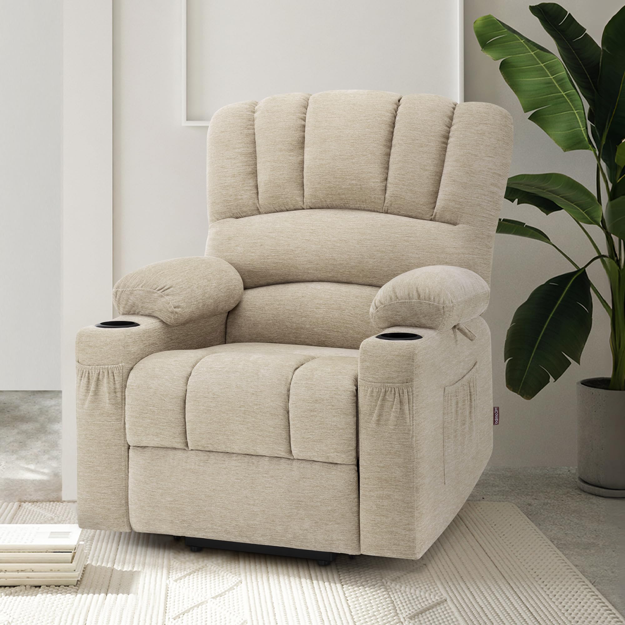 M MCombo Fauteuilavec Aide à se Lever électrique, Fauteuil Relax avec Fonction inclinable, Fauteuil de Massage avec Fonction de Chaleur, pour Le Salon des Seniors, 7102 (Tissu, Beige)