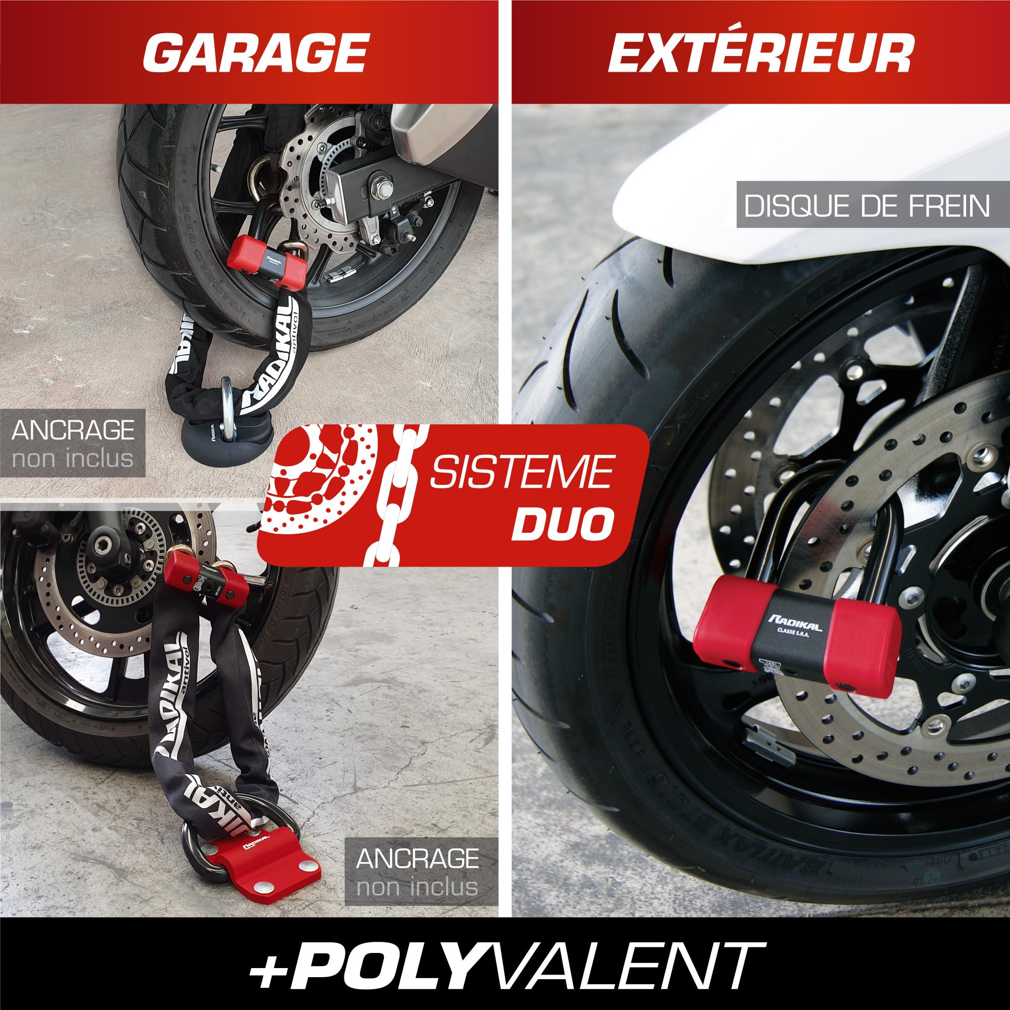 RADIKAL RK48120 Antivol Moto Homologué SRA, Sécurité Premium, Mini U 18mm Chaîne Acier Cémenté 13,5mm Testée contre Sciage Coupe-Boulons, Multifonction Bloque Disque/Chaîne 120cm pour Ancrage Garage
