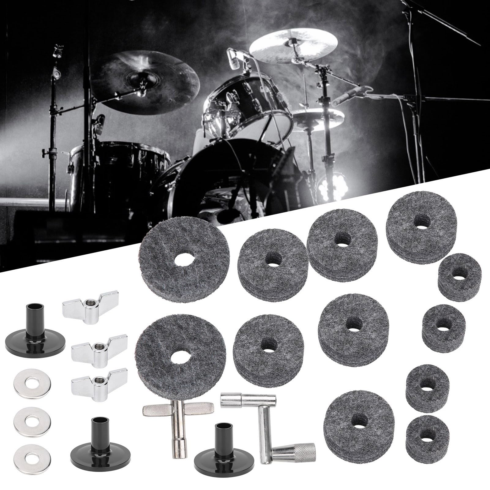 23PCS Cymbal Replacement Accessories, Stand Felts, Drum Felt Pads Include Wing Nuts, Washers, Sleeves & Key (Grey) - Image 4