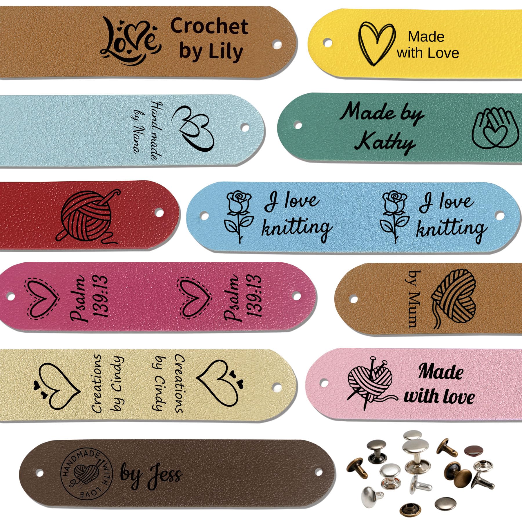 Personalized Leather Tags for Crochet Items 3.0 x 0.6 inch Customized Labels with Rivets, Cute Handmade Labels for Crochet and Knitting Projects (Lengthen)