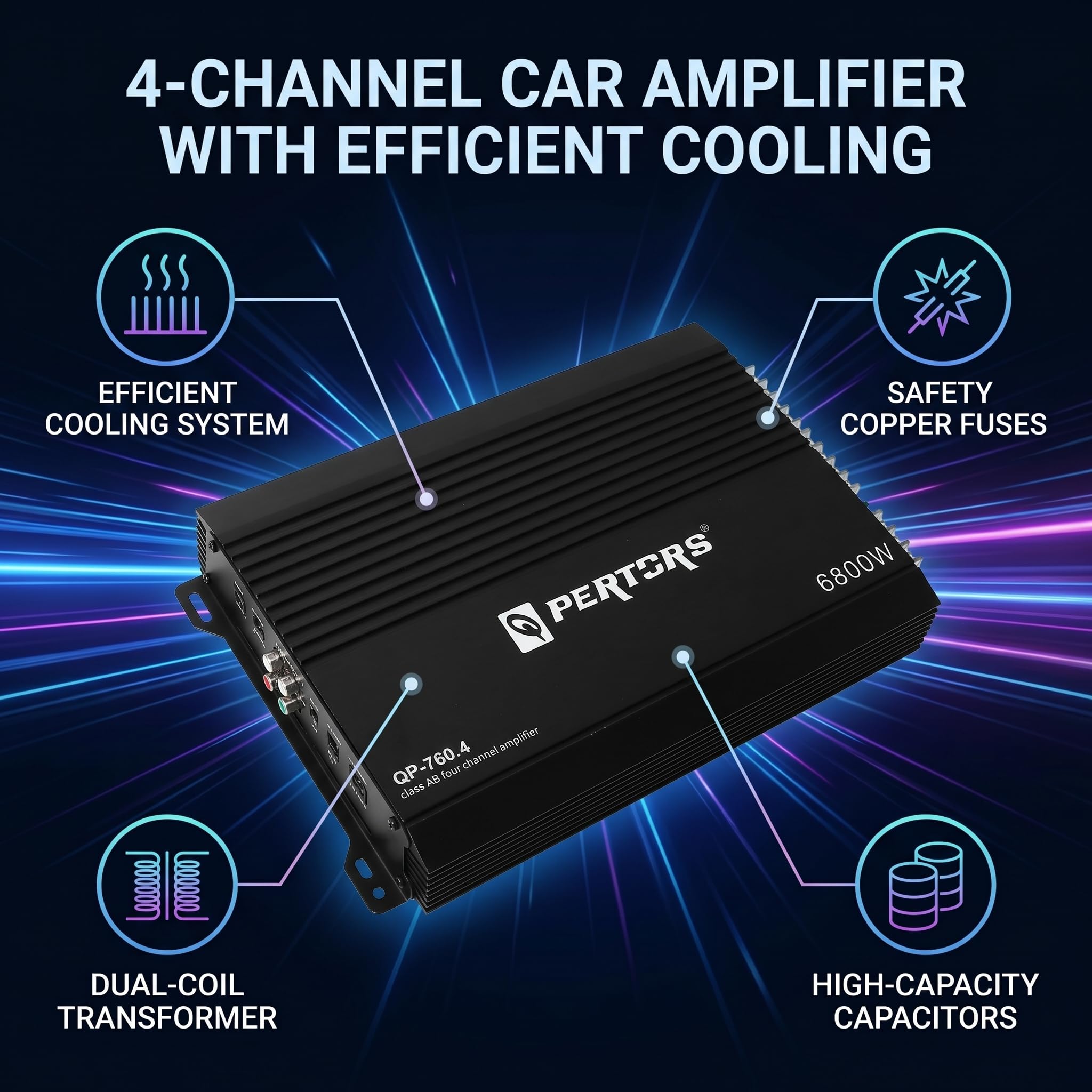 Acouto Amplificador de Coche 4 Canales con Carcasa de Aluminio y Transformador de Doble Bobina para Audio Estéreo Potente y Claro