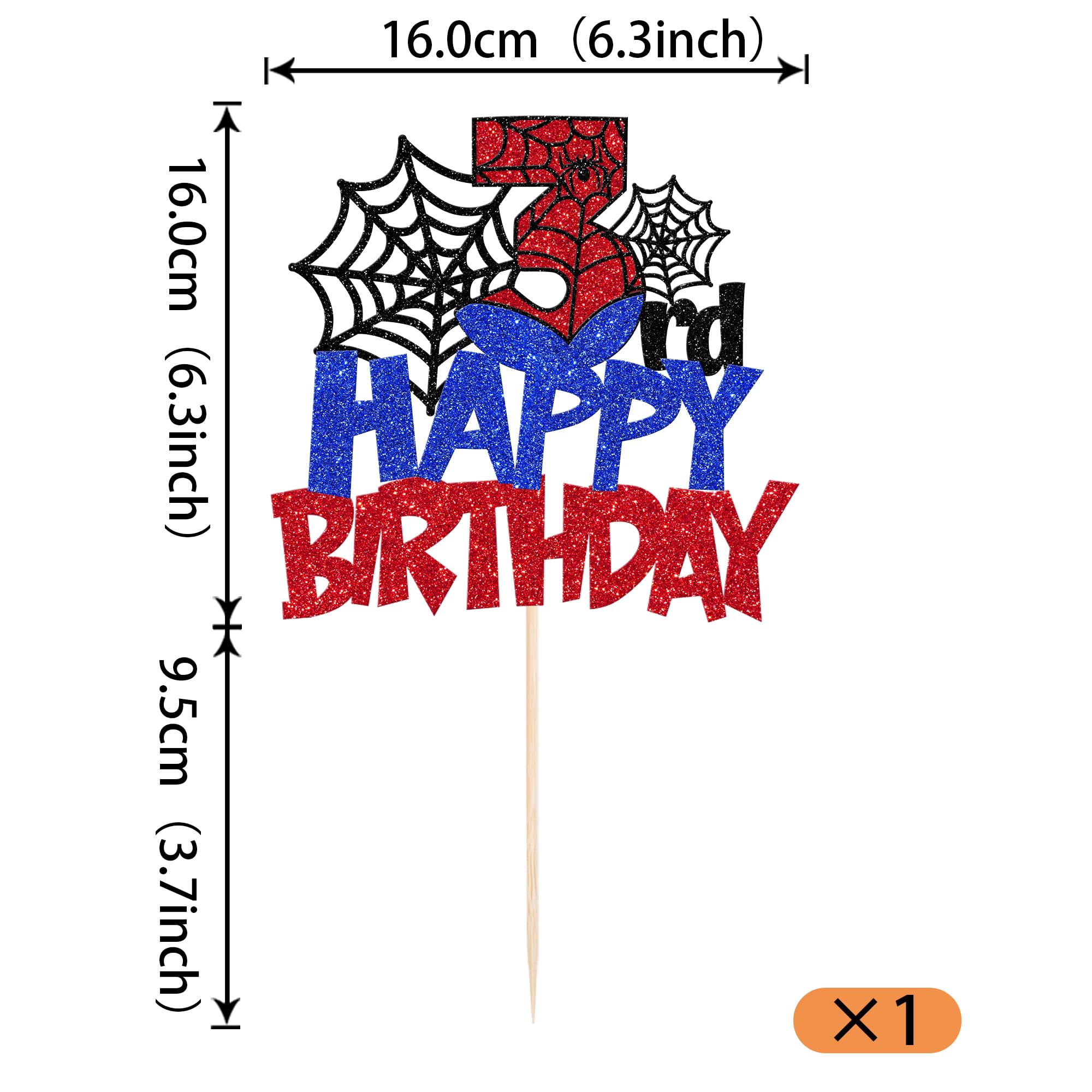 Rsstarxi 1 Pack Happy 3rd Birthday Cake Topper Glitter Spider Web Cake Pick Superhero Spider Party Cake Decorations for Children Kids Boys Happy Third Birthday Party Cake Decorations Supplies