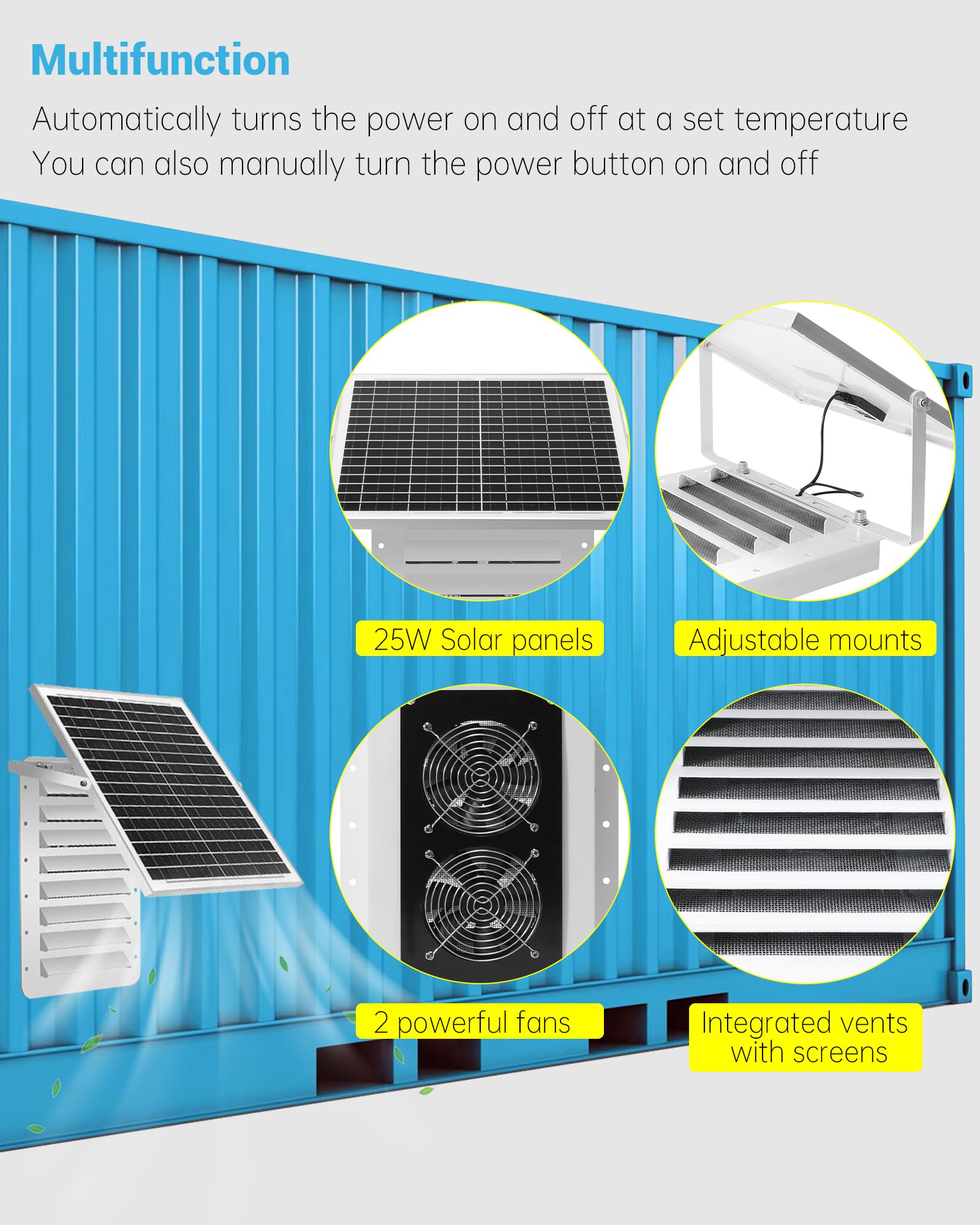 Kit di ventilazione solare per container da spedizione, con pannello pieghevole da 25 W e termostato, a prova di pioggia e grandine, adatto per case container, uffici,