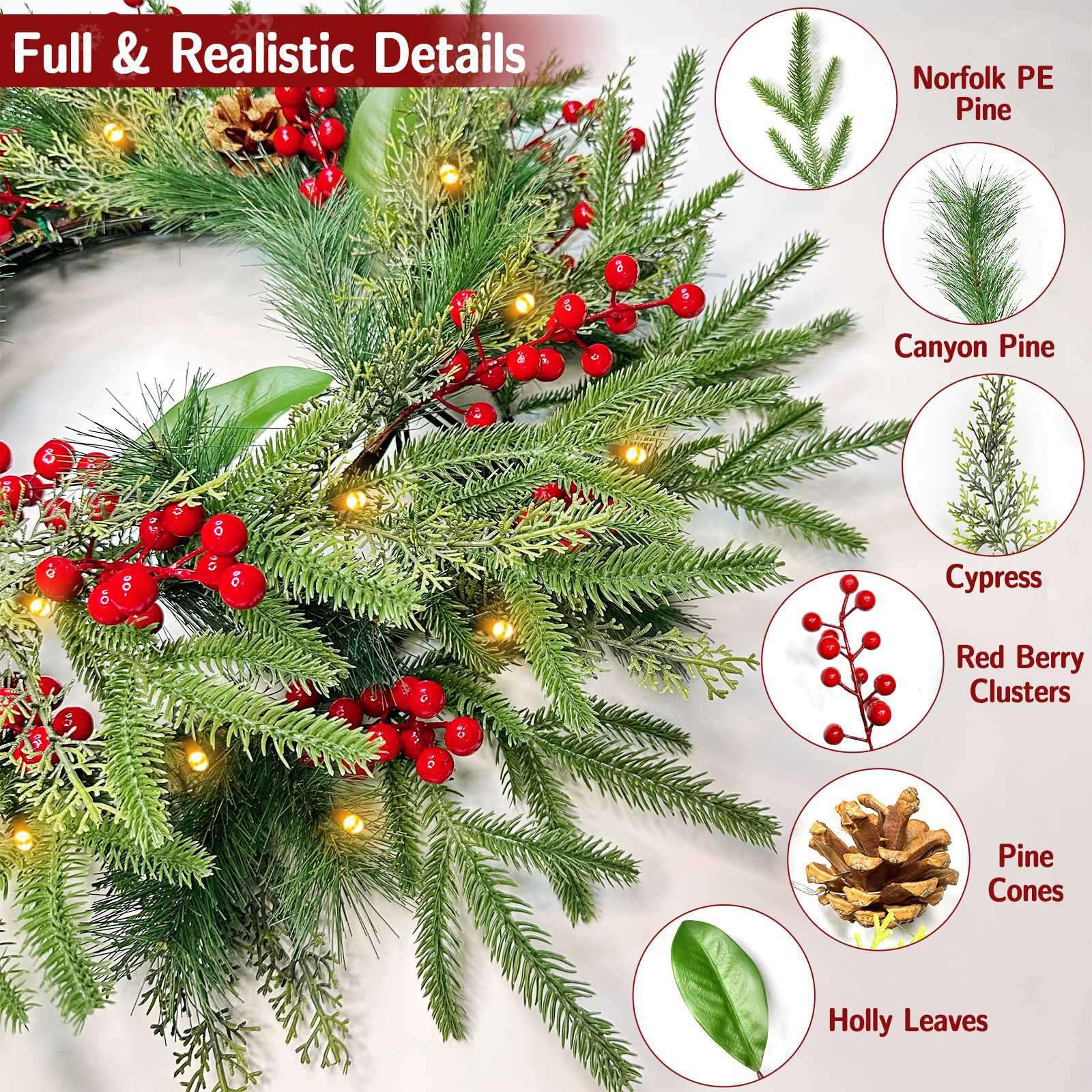 Vorbeleuchteter Weihnachtskranz mit Timer und 8 Modi, zweifarbige 50 LED-Lichter, künstliche Tannenspitzen, Stechpalmen- und Zypressenblätter, rote Beeren und Tannenzapfen, Wanddekoration, 61 cm