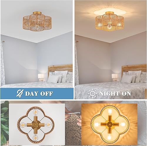 Miniatura 5 de Lámpara de techo semiempotrada de ratán de 4 luces, lámpara bohemia de 15 pulgadas con pantalla de ratán tejida a mano en forma de cuadrifolio,