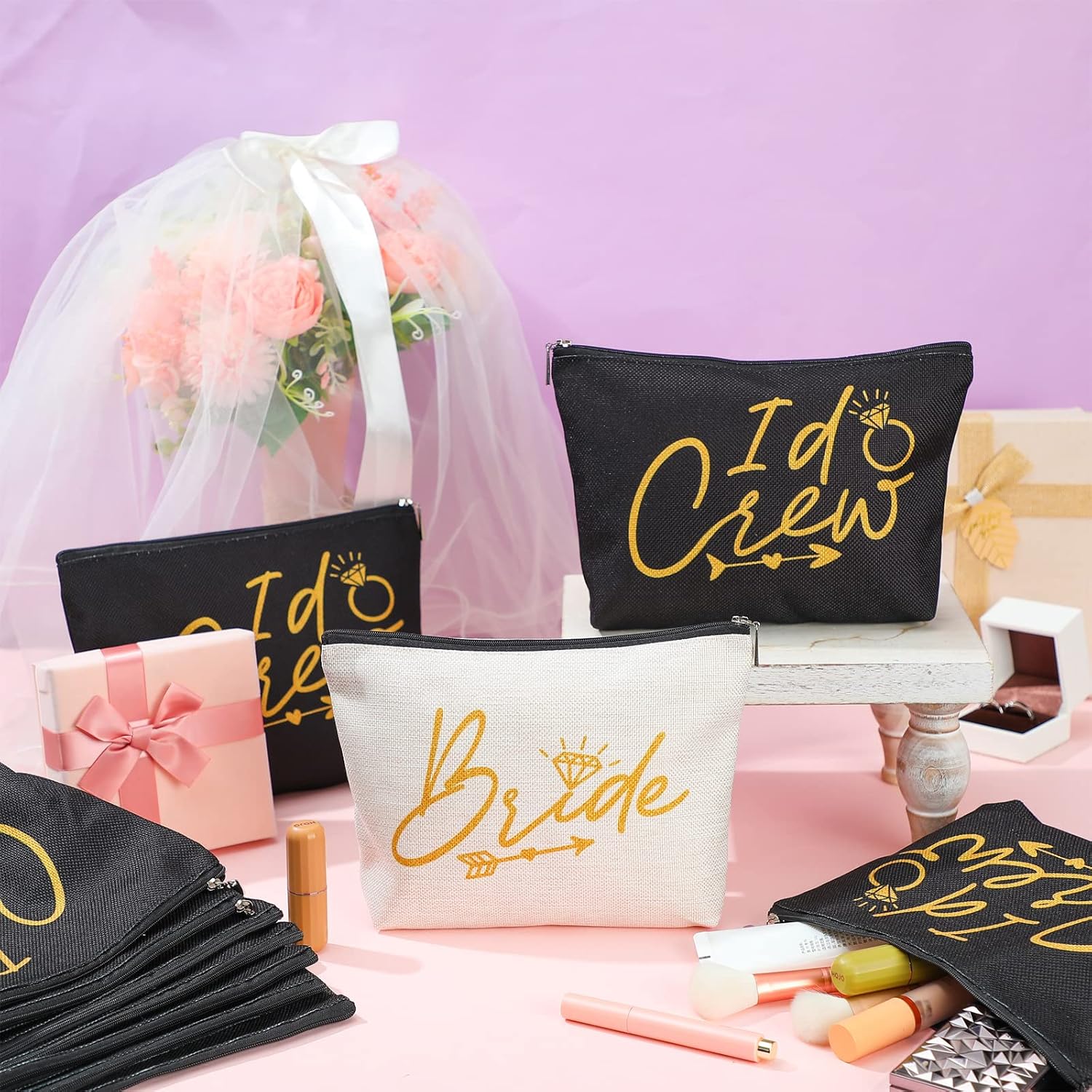 Sadnyy 11 Pieces Bridesmaid Makeup Bags I Do Crew Bachelorette Party Cosmetic Bags Bridesmaid Proposal Gifts for Women Bridal Party Favor Team Present Bridal Shower(White, Black) - Image 3