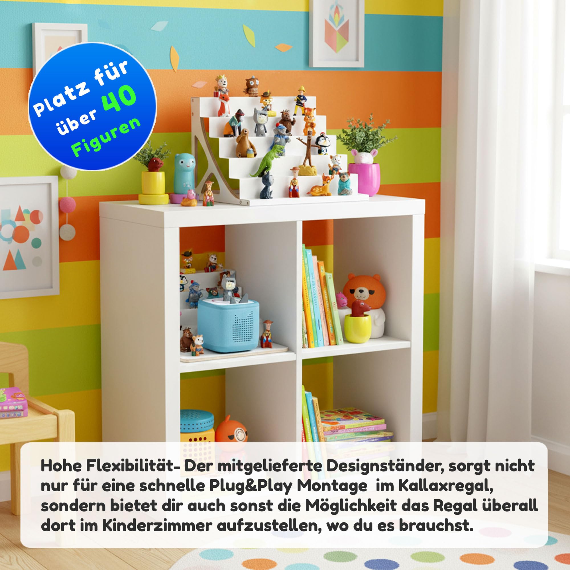 stadtecken® Magnetisches Regal für Musikbox-Figuren – Passend für Kallax und mehr | Optional mit Platz für Toniebox | Geeignet für ca. 40 Figuren | Weiß (BoxPlus)
