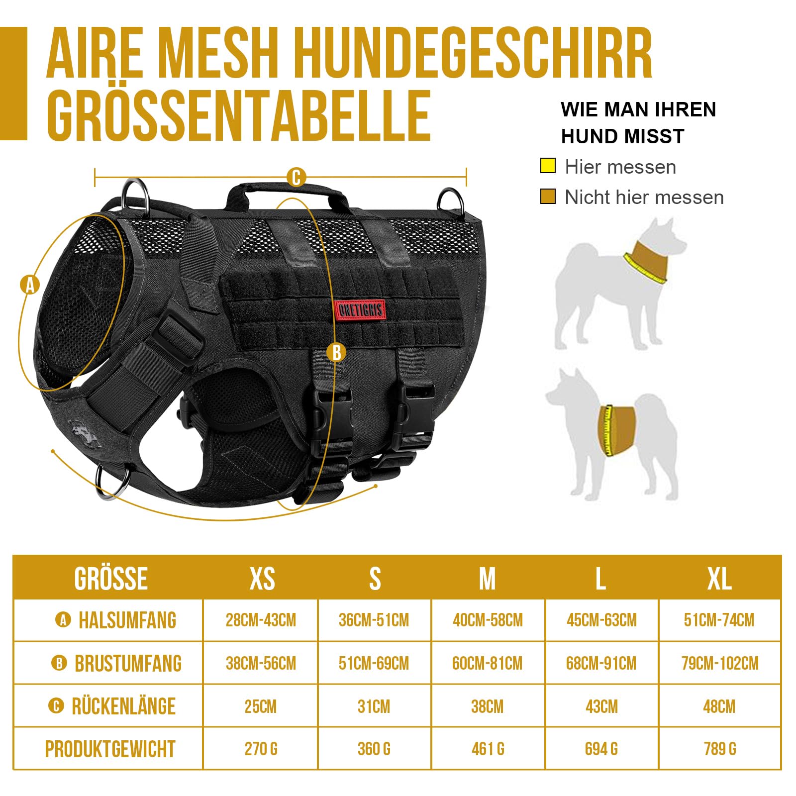 OneTigris Imbracatura No-Pull per Cani - AIRE MESH, Regolabile, Ultra Traspirante, per Grandi e Medie Dimensioni, Pettorina Con 2 Manici