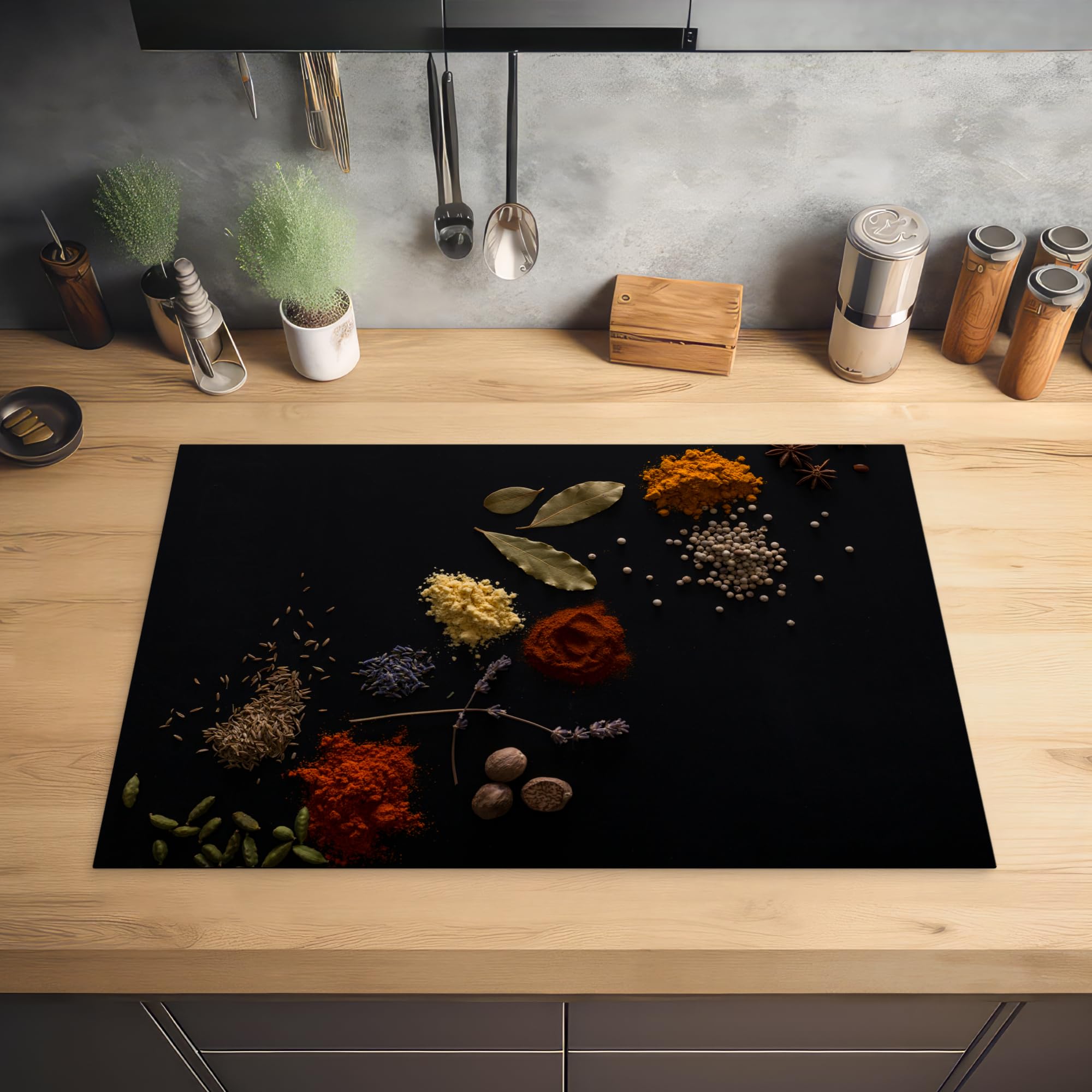 MuchoWow Inductiebeschermer - Inductie mat - Vinyl - Kruiden - Lepels - Keuken - Specerijen - 75x52 cm - Inductie beschermer