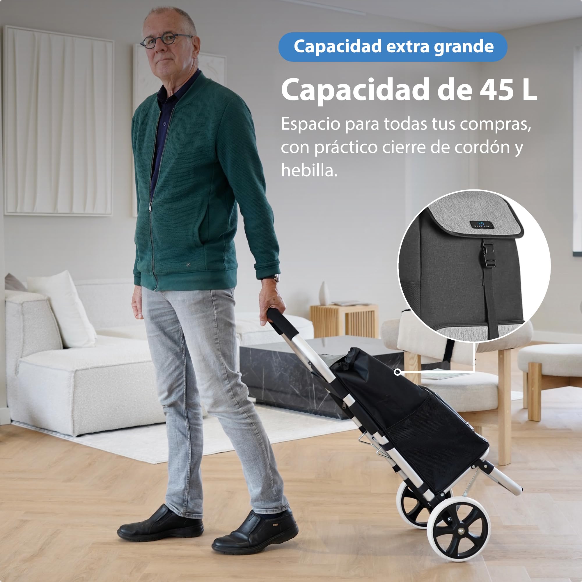 Safe Age Carro de la Compra con Ruedas 45 L - Plegable con Compartimento Refrigerador y Sistema de Acople para Carrito de Supermercado