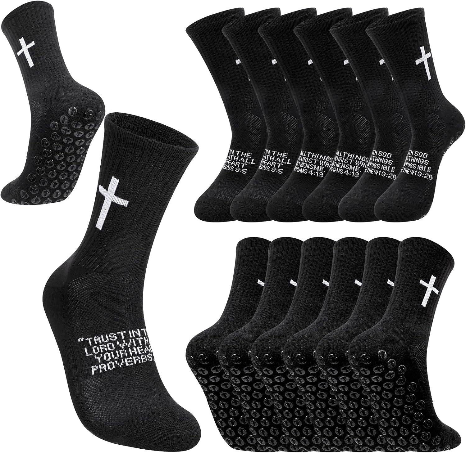 4/6 Pairs Christian Anti Slip Bible Verse Cross Print Socks
