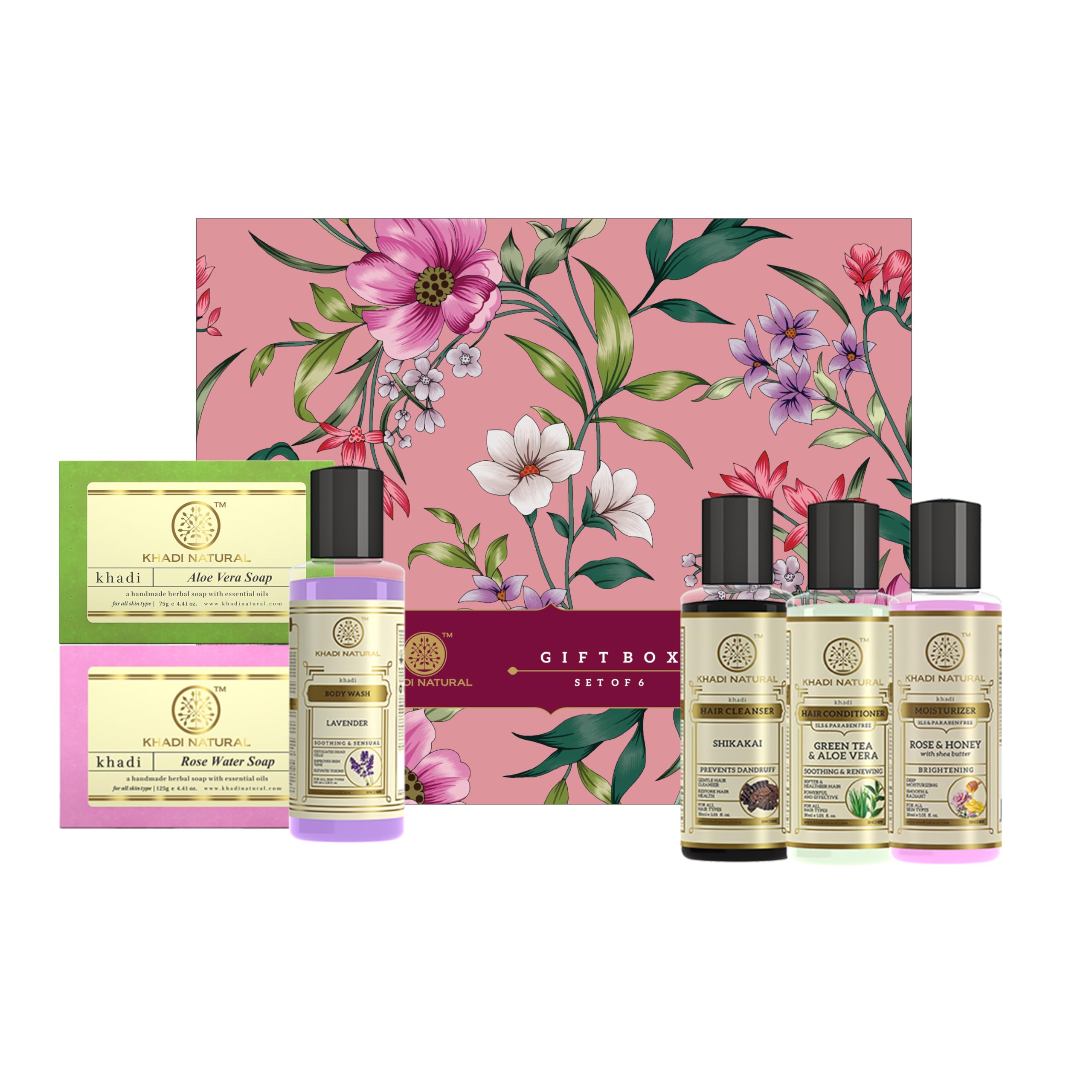 Khadi Natural Gift Box with Rose Water Soap, Aloe Vera Soap, Shikakai Cleanser, Green Tea & Aloe Vera Conditioner, Lavender & Ylang Ylang Body Wash & Rose & Honey Moisturizer | All Skin & Hair Types | Set of 6