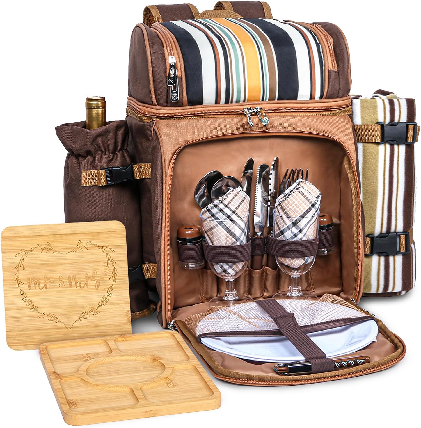 Hap Tim Picnic Basket Backpack for 2 Person with Blanket, 2 Charcuterie Board, Engagement Gifts for Couples, Gifts Ideals for Wedding, Housewarming, White Elephant, Bridal Showers