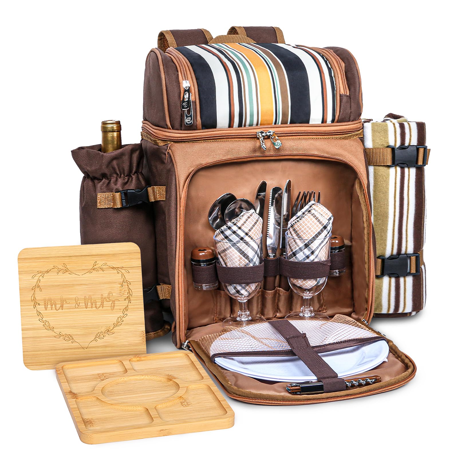 Hap Tim Picnic Basket Backpack for 2 Person with Blanket, 2 Charcuterie Board, Engagement Gifts for Couples, Gifts Ideals for Wedding, Housewarming, White Elephant, Bridal Showers