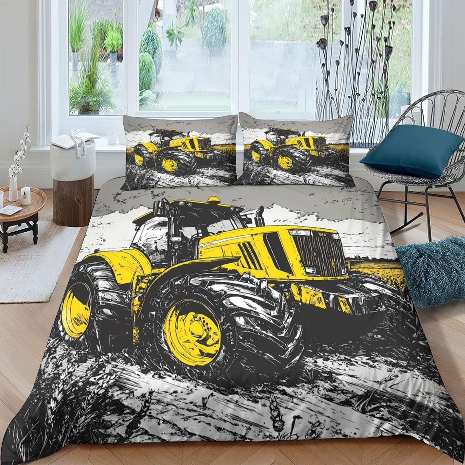 GPLZQXKJNH 3D Printed Yellow Tractor Duvet Cover Microfiber Breathable Farm Machinery Bedding Set with 2 Pillowcases for Bedroom Decor, Single（135x200cm）