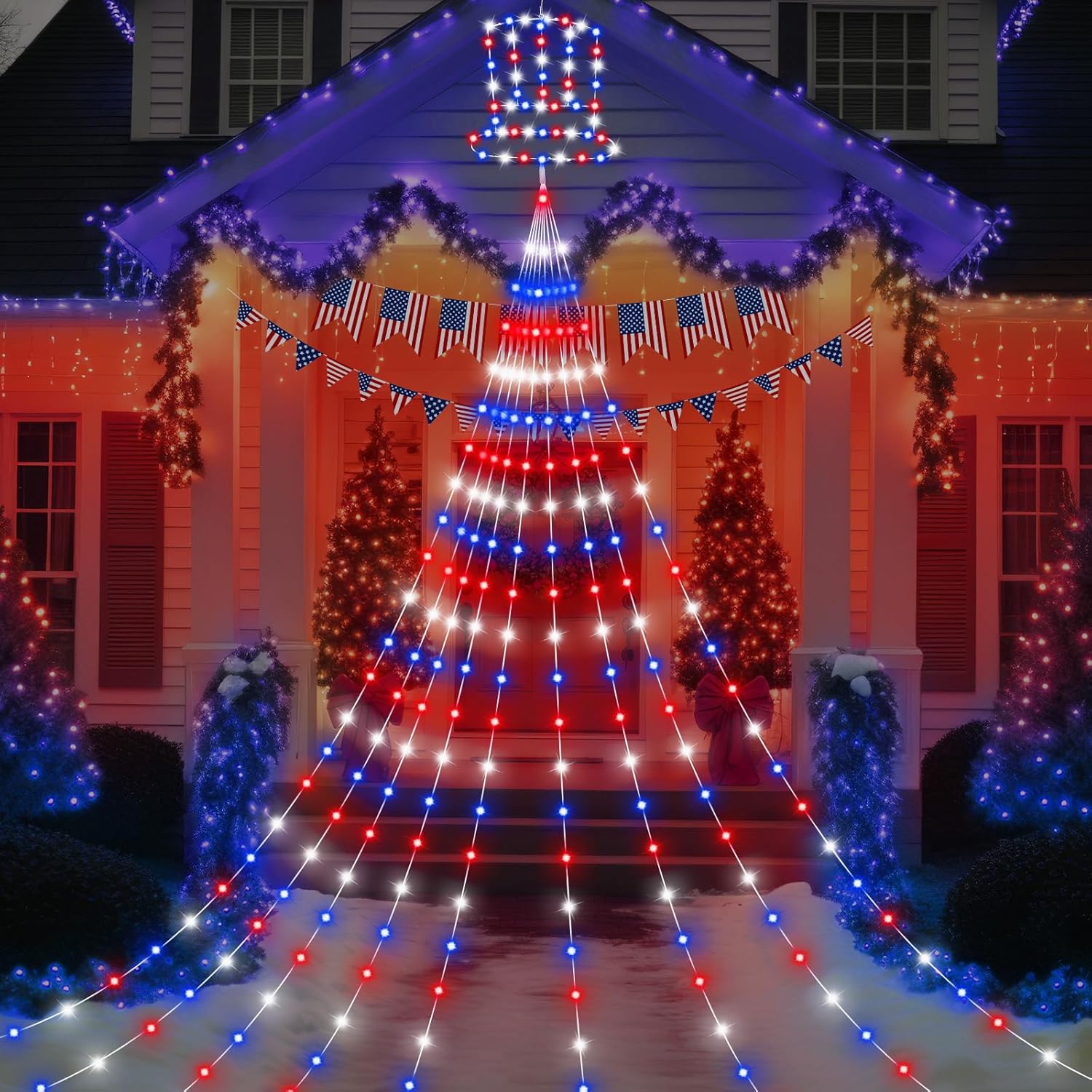 14ft 4th of July Decorations Lights 420 LED Red White and Blue Curtain Lights Outdoor with Remote Control Solar Powered 8 Mode Patriotic 4th of July Lights for Independence Day Memorial