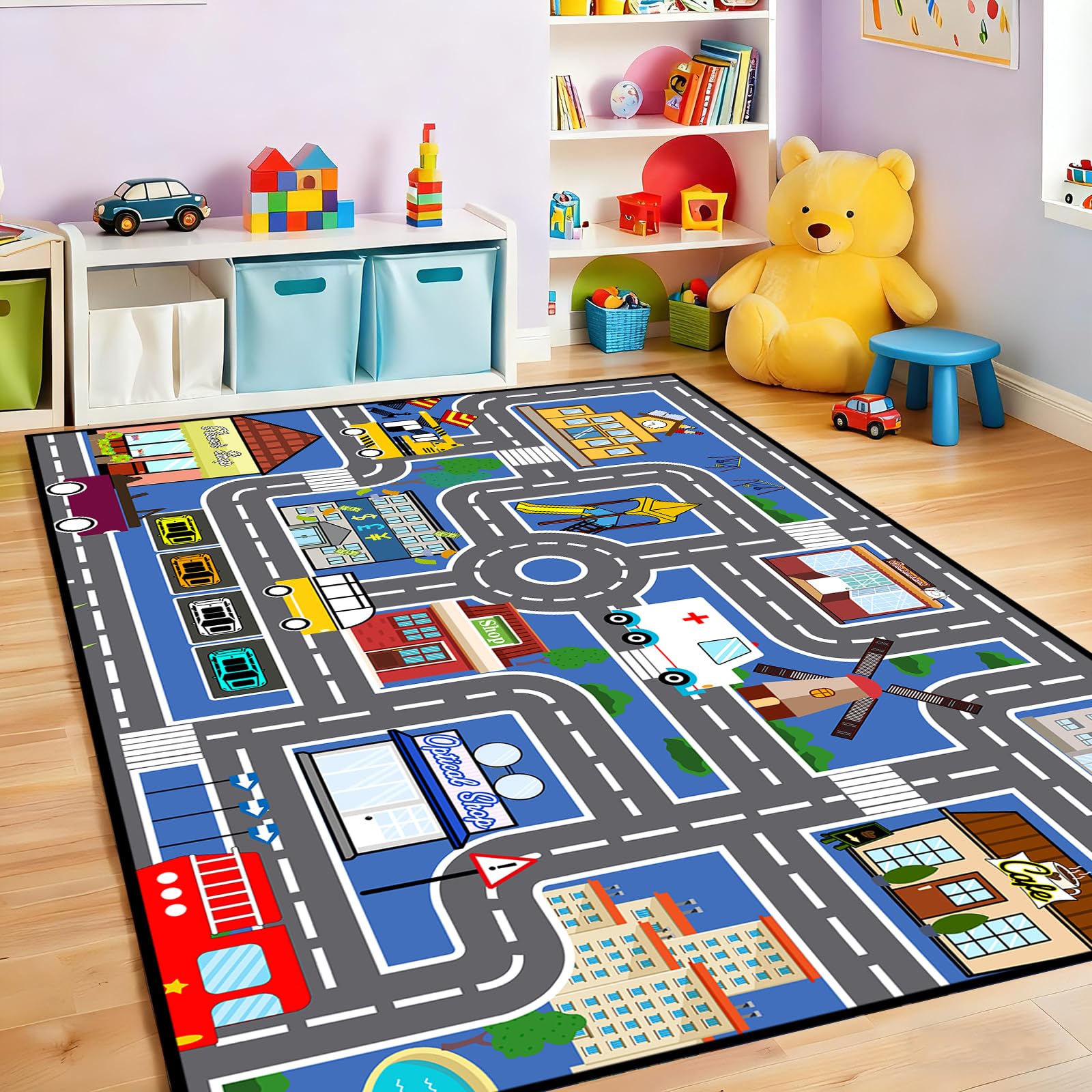 FJKJHKGJ Car Track Rug Blue Road Rug for Kids, Car Traffic Road Play Mat for Kids Room Bedroom Decor, 3'×5'