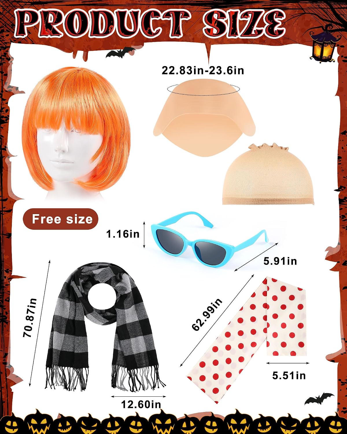 6 Pcs Halloween Costume Accessories Set Including Black Gray Striped Scarf Bald Head Wig Cap Orange Wig Polka Dots Long Scarf Sunglasses for Halloween Cosplay Party Men Women Adults