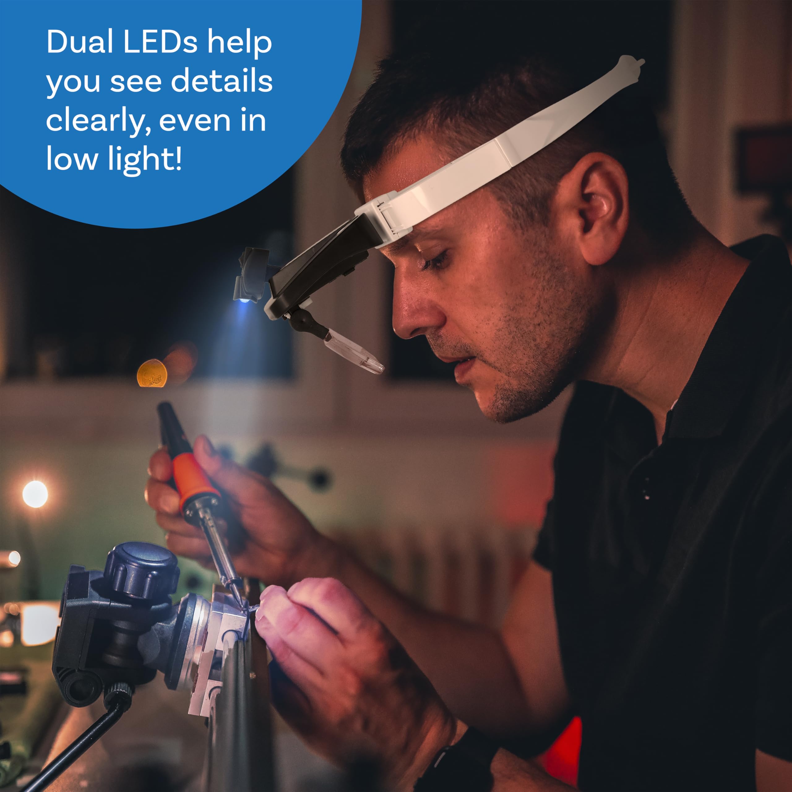 The Beadsmith LED-Lupe mit Stirnband – 5 Vergrößerungslinsen (1,0-Fach, 1,5-Fach, 2,0-Fach, 2,5-Fach, 3,5-Fach), Zwei LED-Leuchten, inklusive Aufbewahrungskoffer