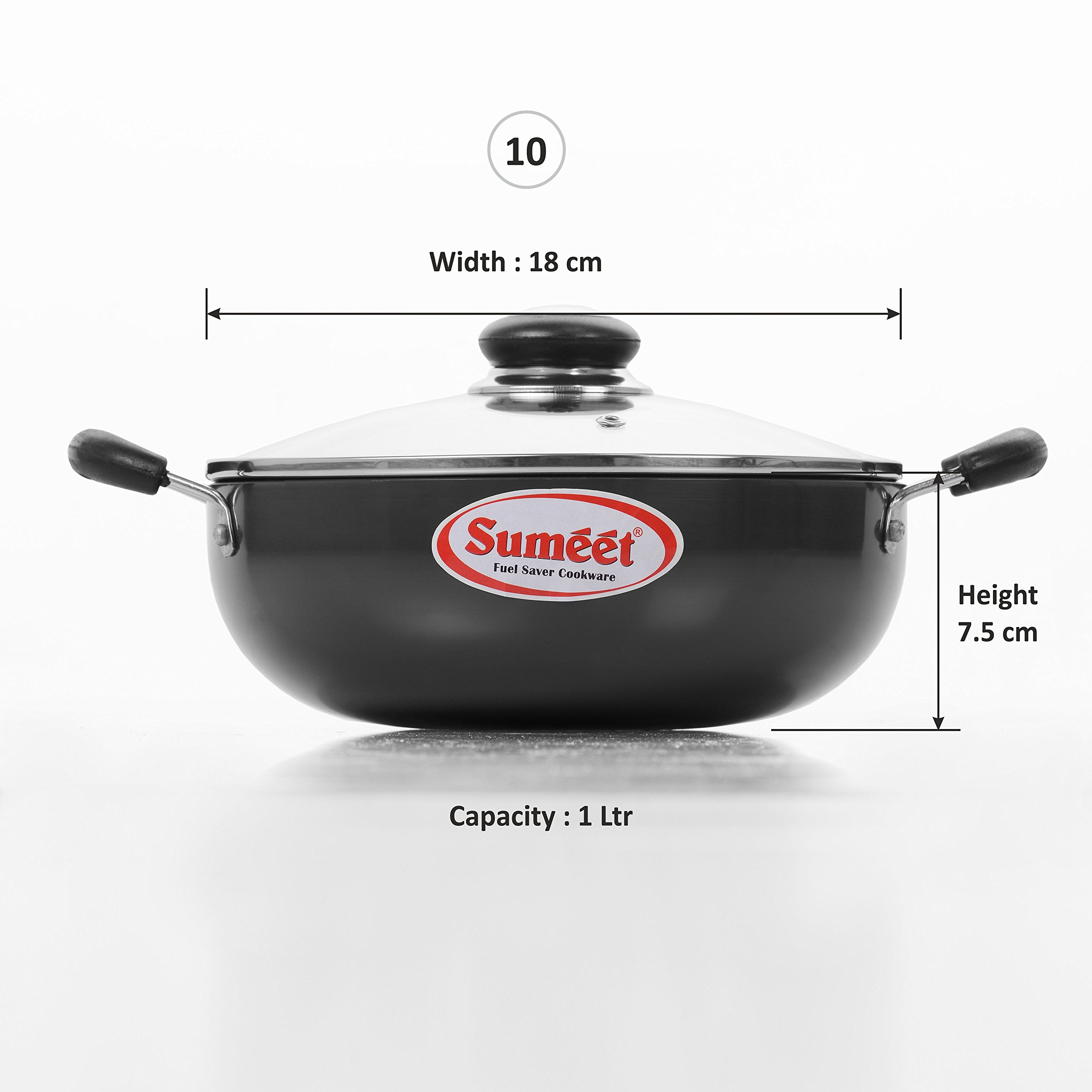 Sumeet 3Mm Hardanodised Deep Kadhai With Glass Lid. No. - 10 18Cm Dia. 1 Ltr Capacity, Black - Image 5 thumbnail