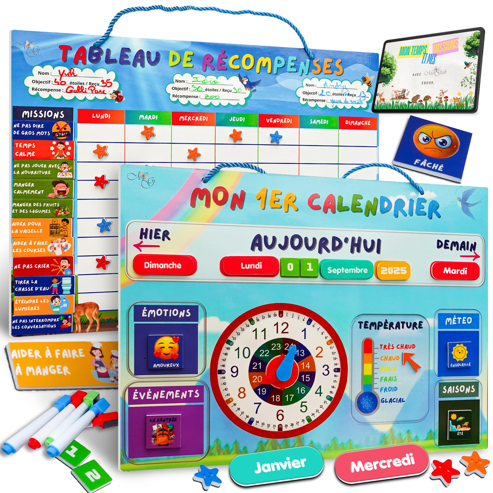 MEIGAH Tableau de Recompense Enfant + Calendrier Éducatif – Autonomie, Routines & Comportement Positif – 160 Magnets & 300 Étoiles - Organisation, Confiance en soi & Apprentissage ludique