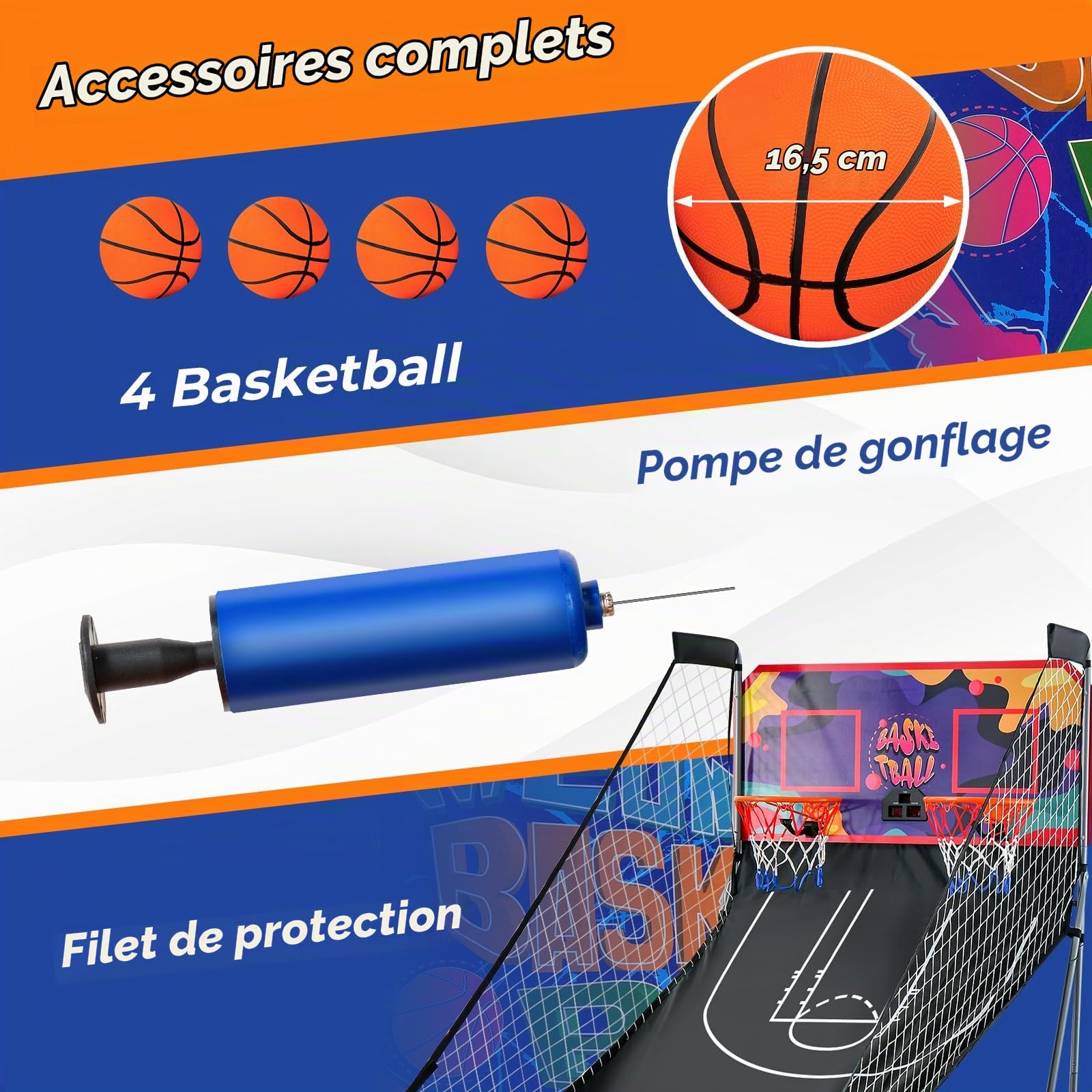 GYMAX Panier de Basket-Ball, Jeu d'Arcade de Basket-Ball Pliable à Double Tir, avec 8 Mode de Jeu, Score Électronique, 4 Balles, Pompe, pour Extérieur et Intérieur, Installation Facile
