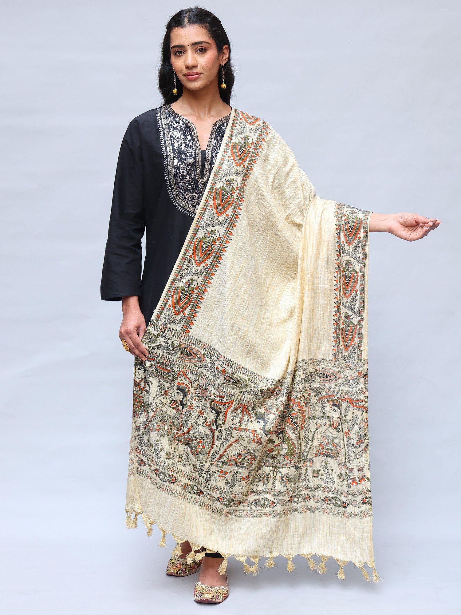 Exotic India Damen-Schal aus Baumwolle von Khadi mit Madhubani-Kunstdruck, schönes Design, weiches Gewebe, Stola, Schal für Mädchen