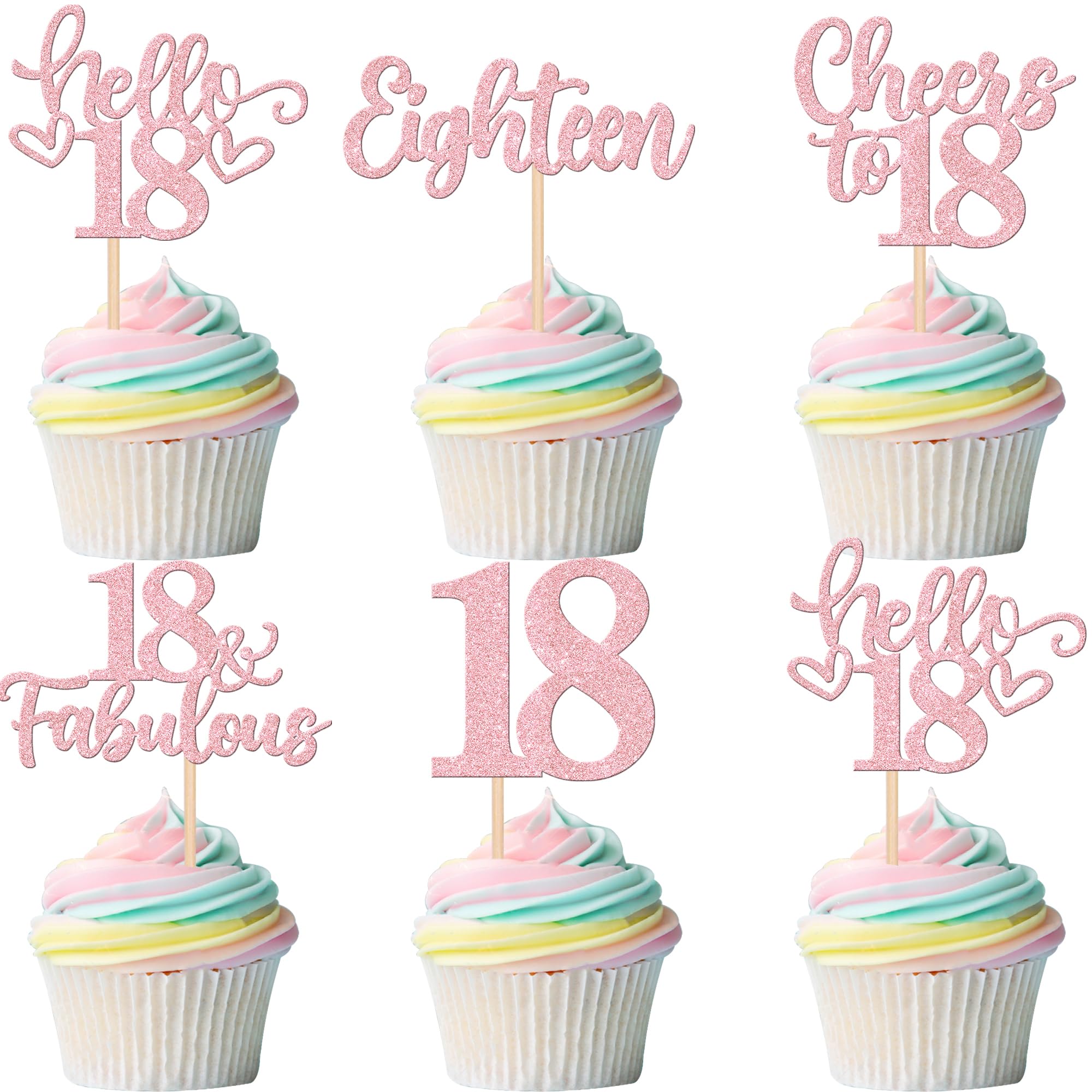 30 PCS Happy 18th Birthday Cupcake Toppers Glitter Eighteen Hello 18 Cupcake Picks 18 & Fabulous Cheers to 18 Years Cake Decorations for 18th Birthday